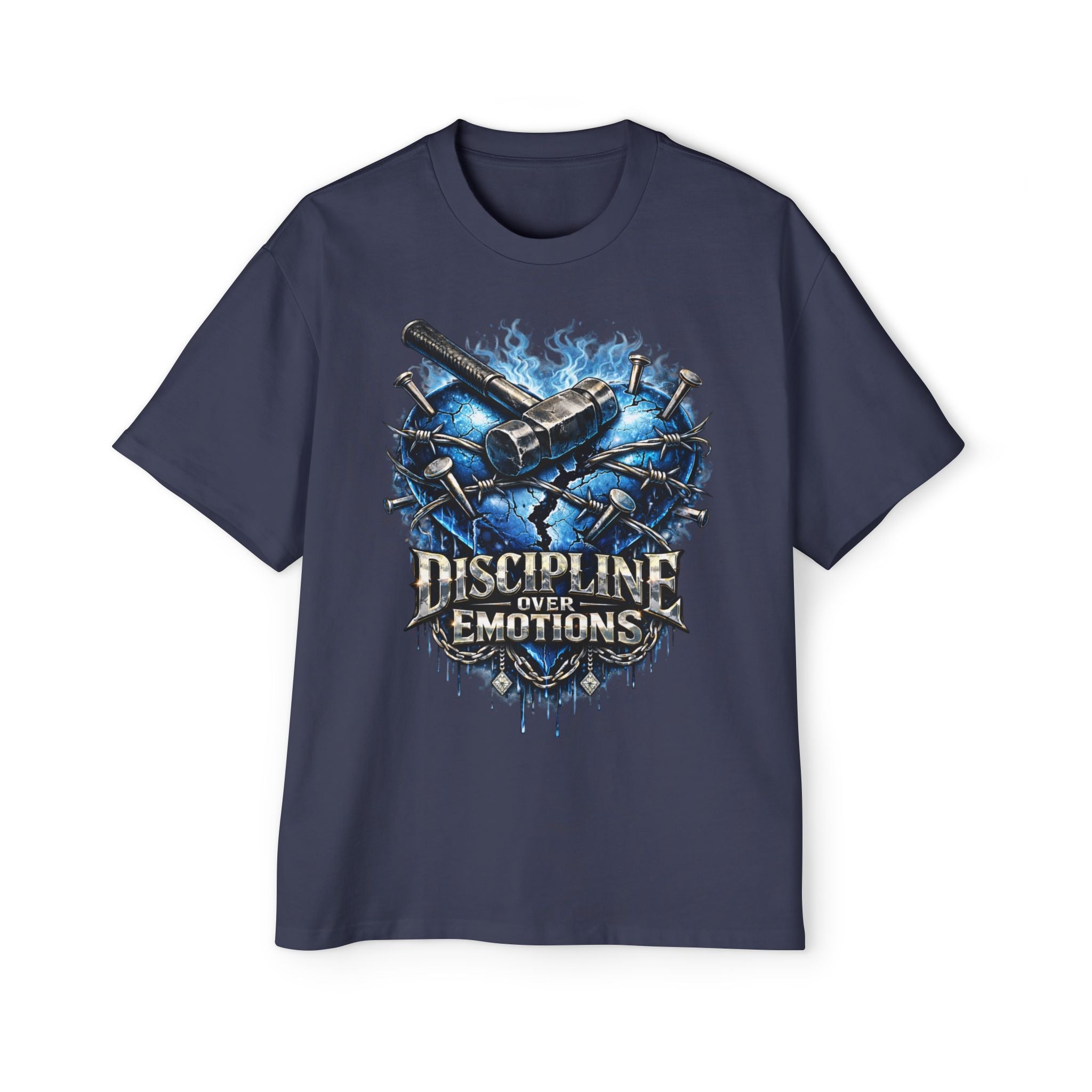 Oversized Discipline Over Emotions Graphic T-Shirt (Blue Heart) Printify