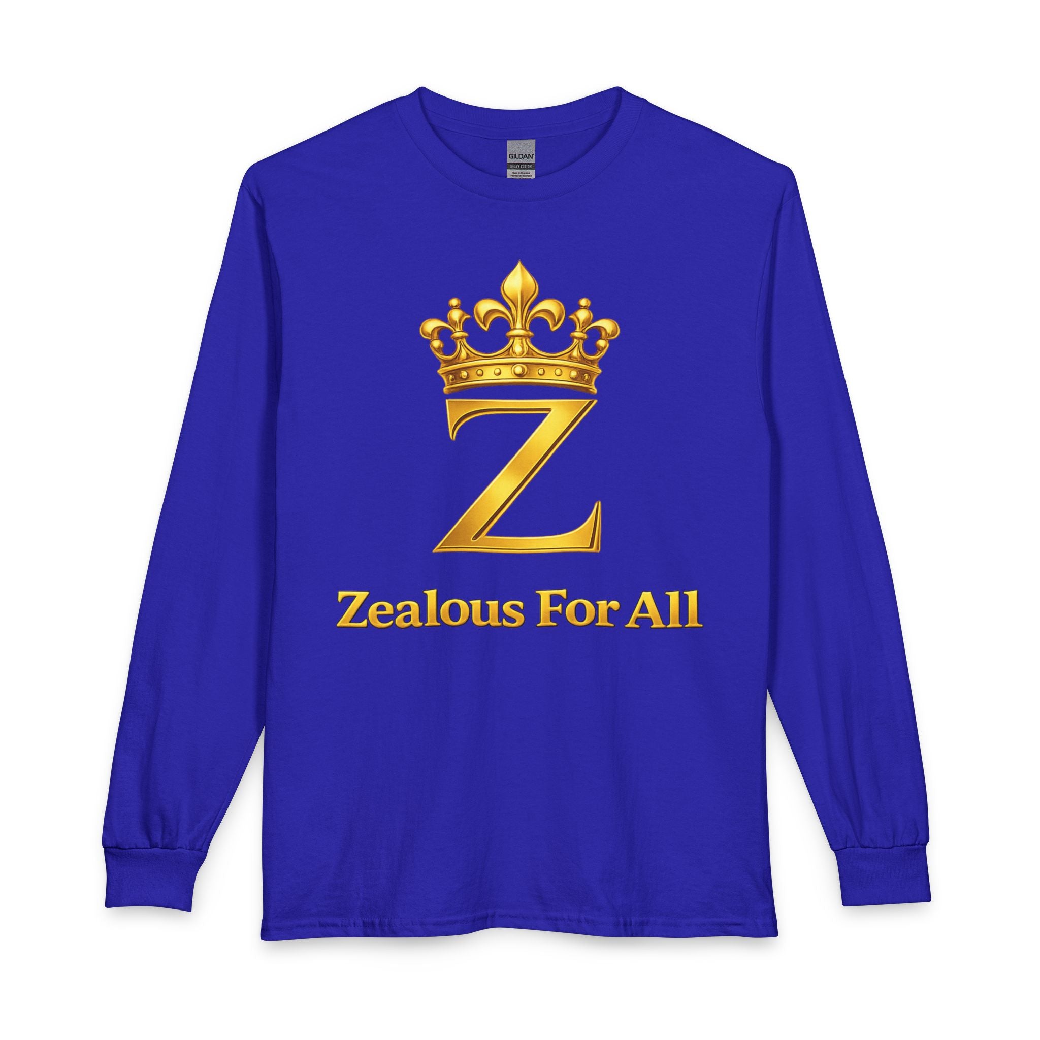 Long Sleeve Shirt — "Zealous For All" Gold Crown Logo, Printify