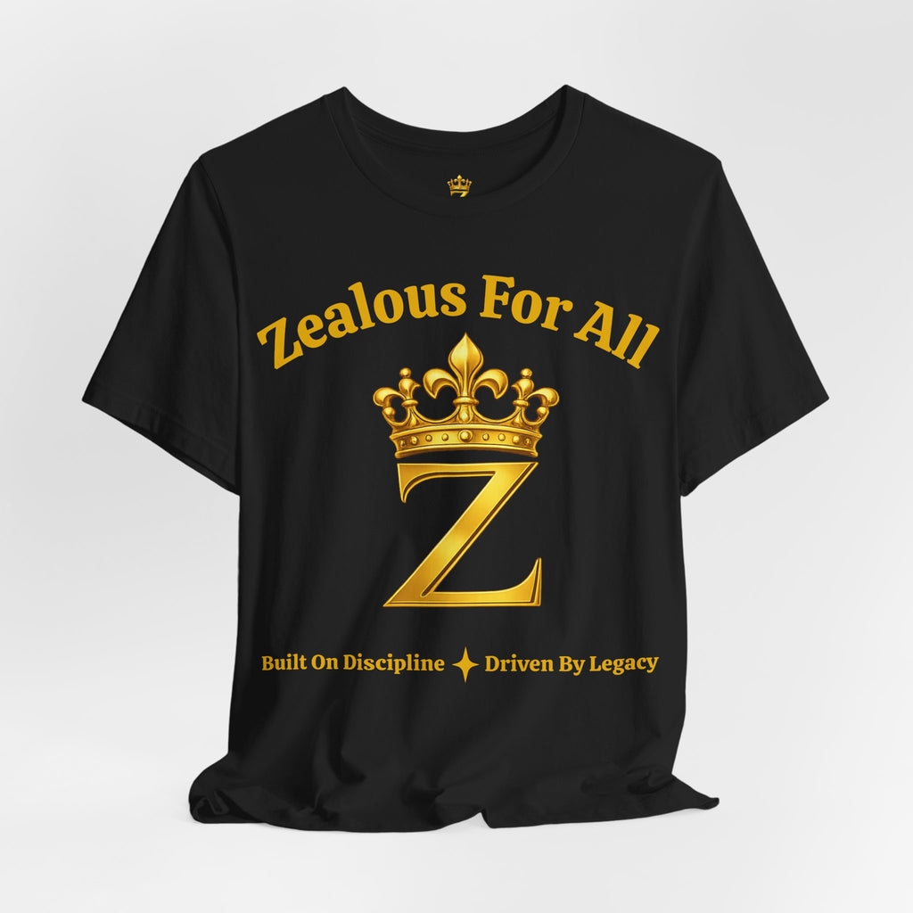 Unisex Luxury Zealous For All T-Shirt (Gold/Black Words, Big Logo T-shirt) Printify