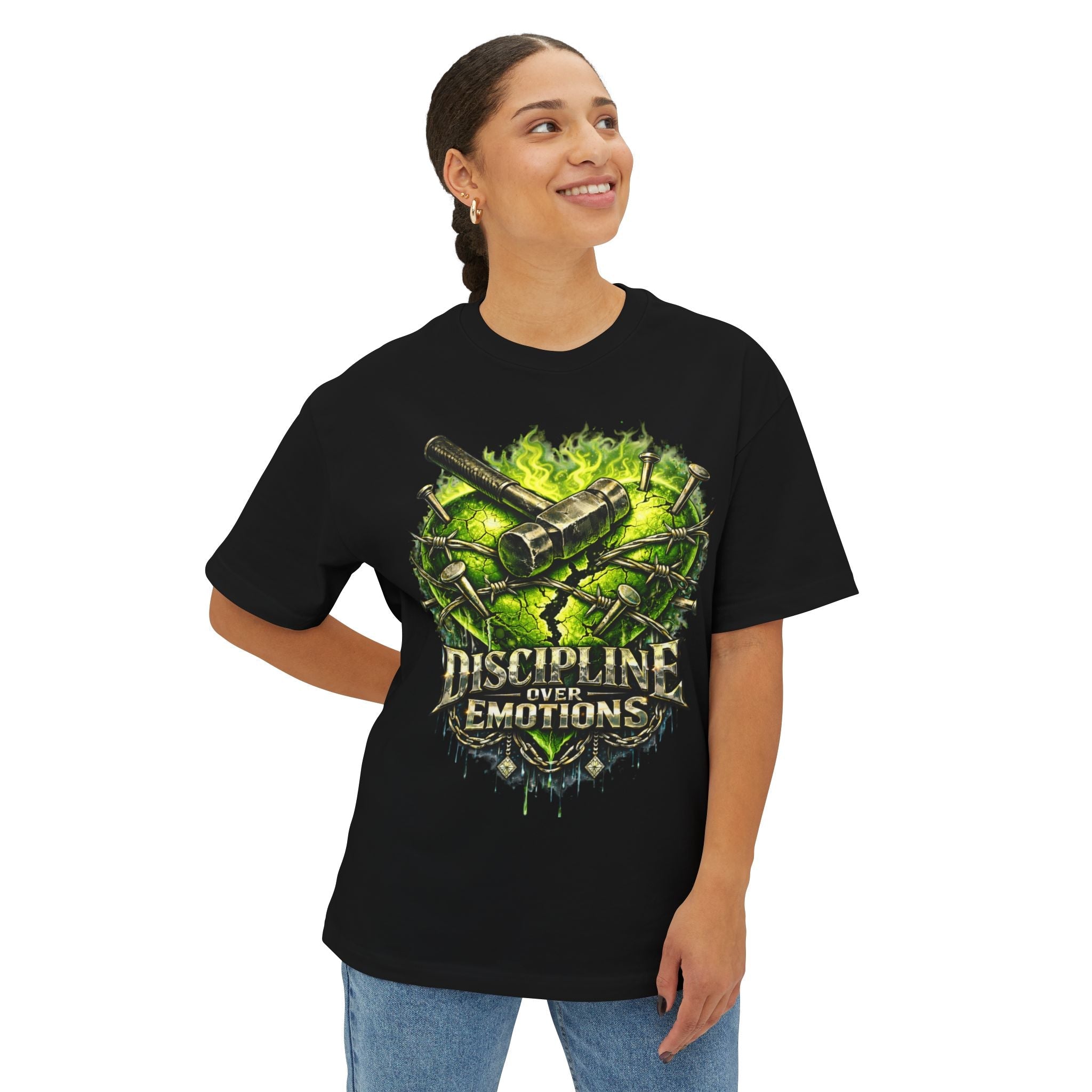 Adult *Oversized* Discipline Over Emotions Graphic Tee (Green Heart) Printify