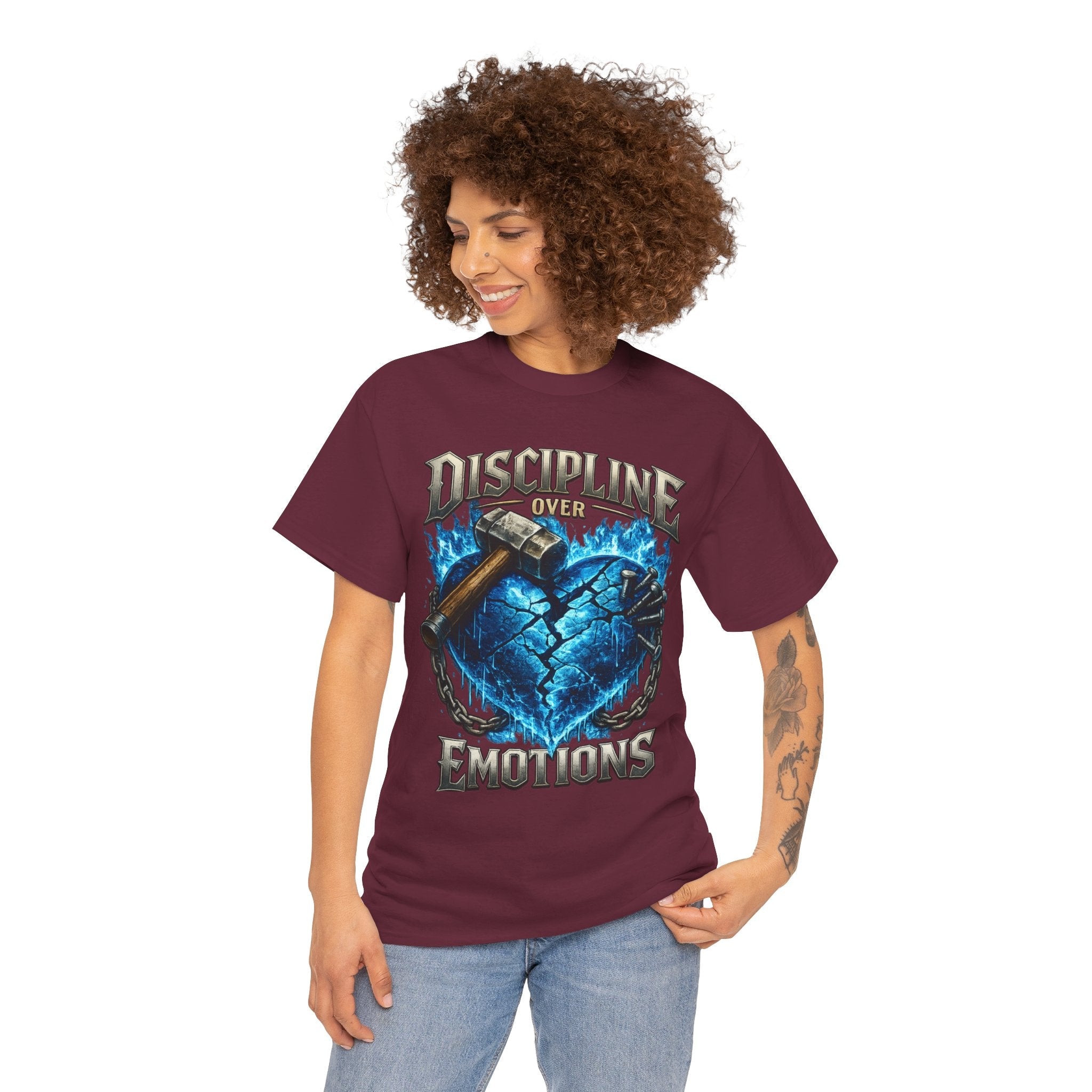 Discipline Over Emotions Graphic T-Shirt (Blue Heart) Printify