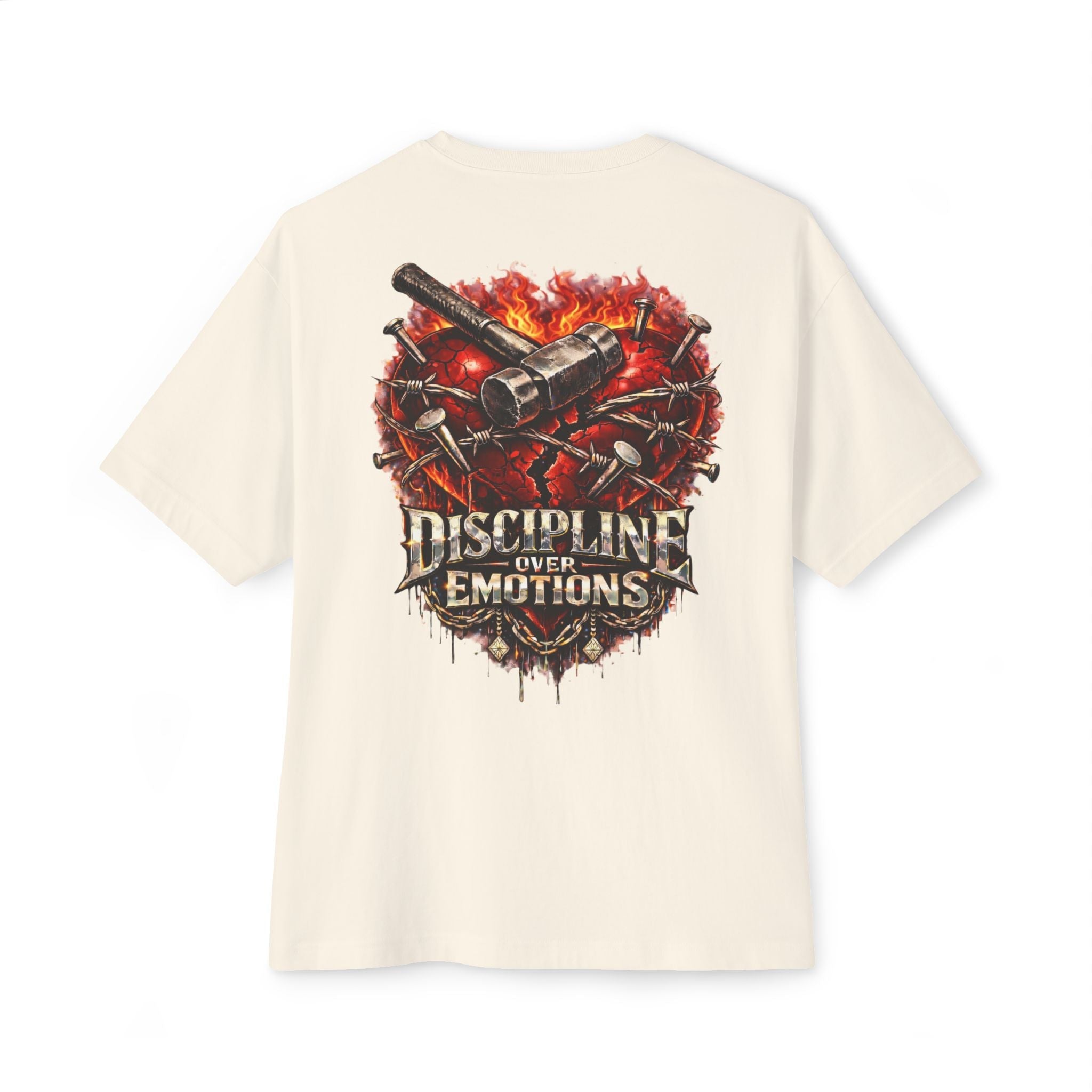 Adult *Oversized* Discipline Over Emotions (Back) Graphic Tee (Red Heart) Printify
