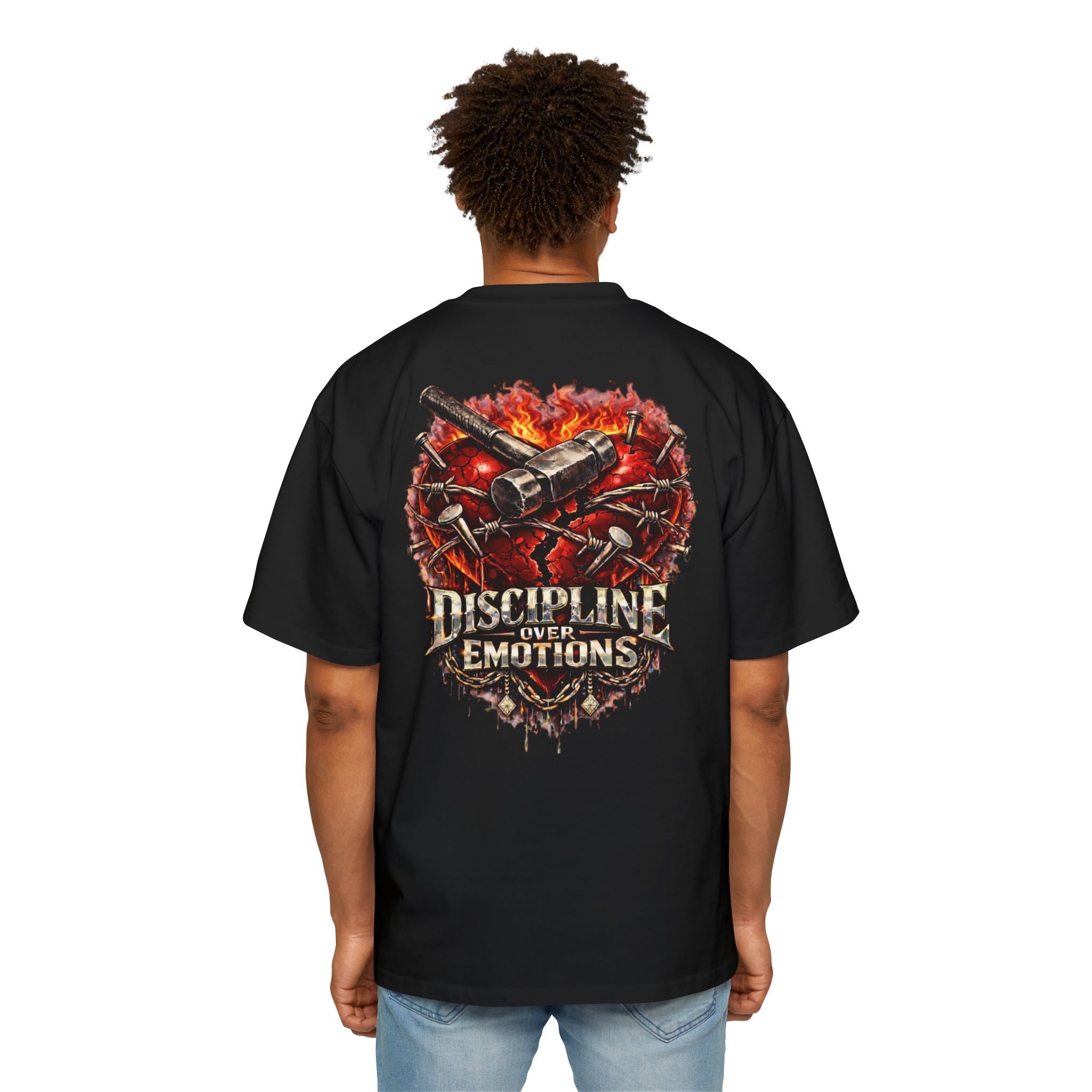 Oversized Discipline Over Emotions (Back) Graphic Tee (Red Heart) Printify