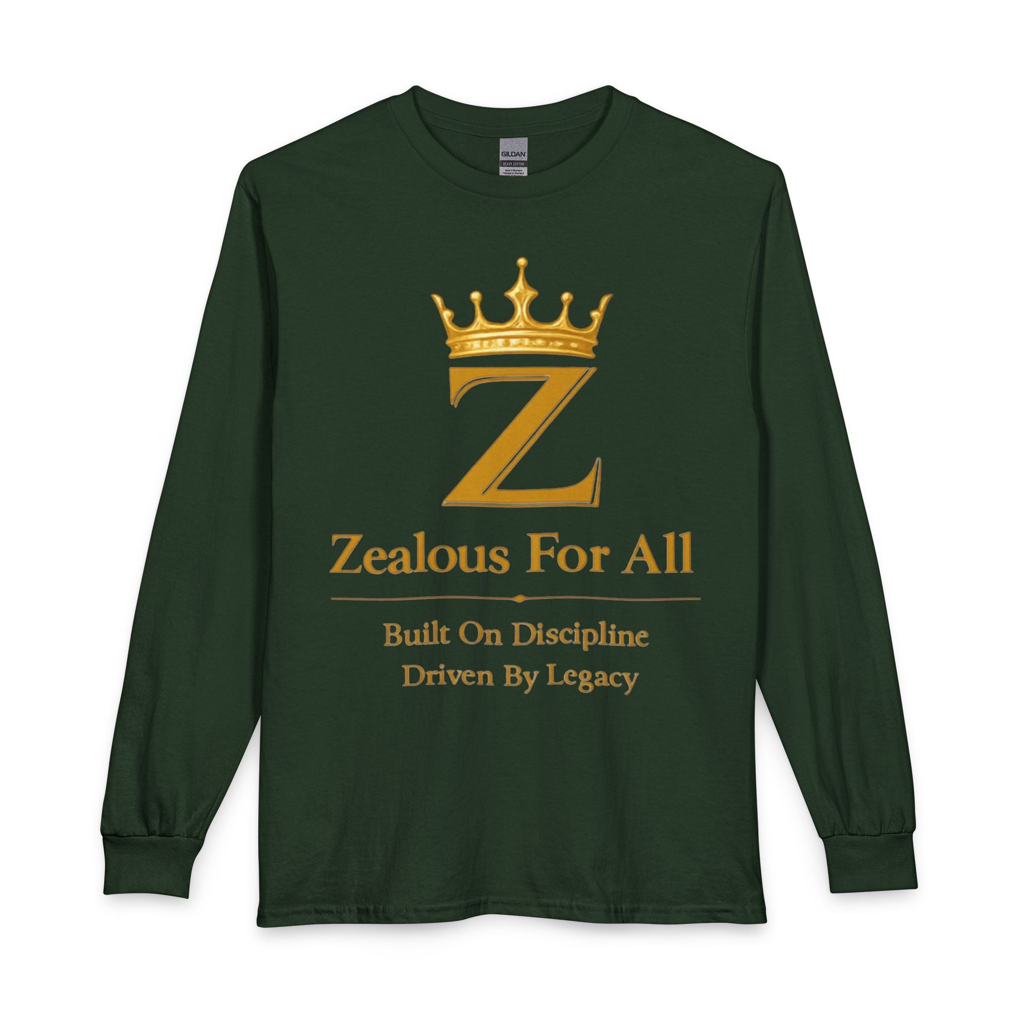 Long Sleeve Shirt — "Zealous For All" Gold Crown Logo, Motivational Athletic Streetwear Printify