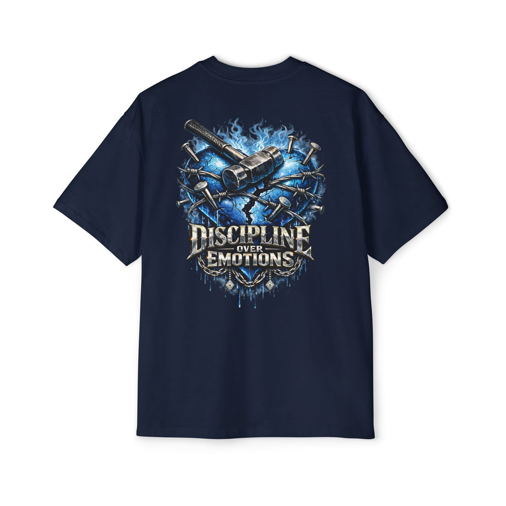 Oversized Discipline Over Emotions (Back) Graphic Tee (Blue Heart) Printify