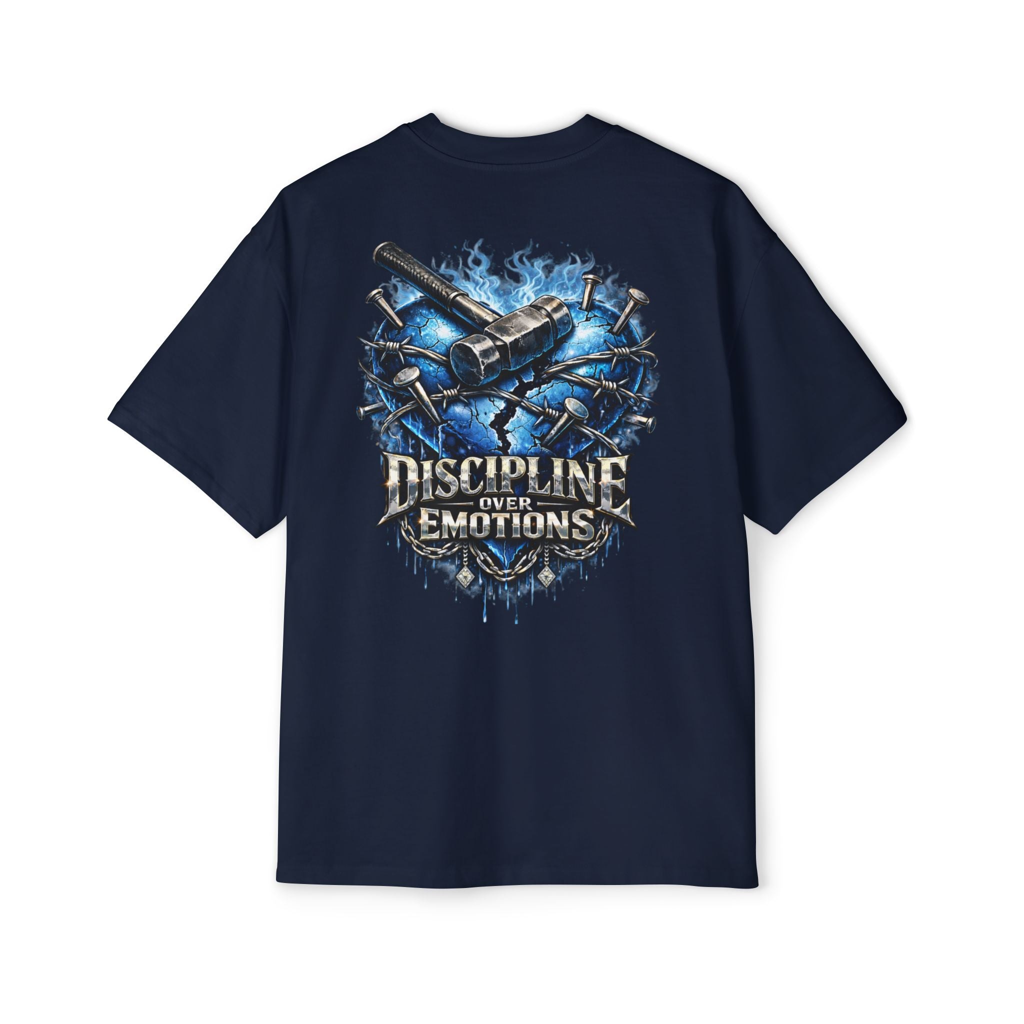 Oversized Discipline Over Emotions (Back) Graphic Tee (Blue Heart) Printify