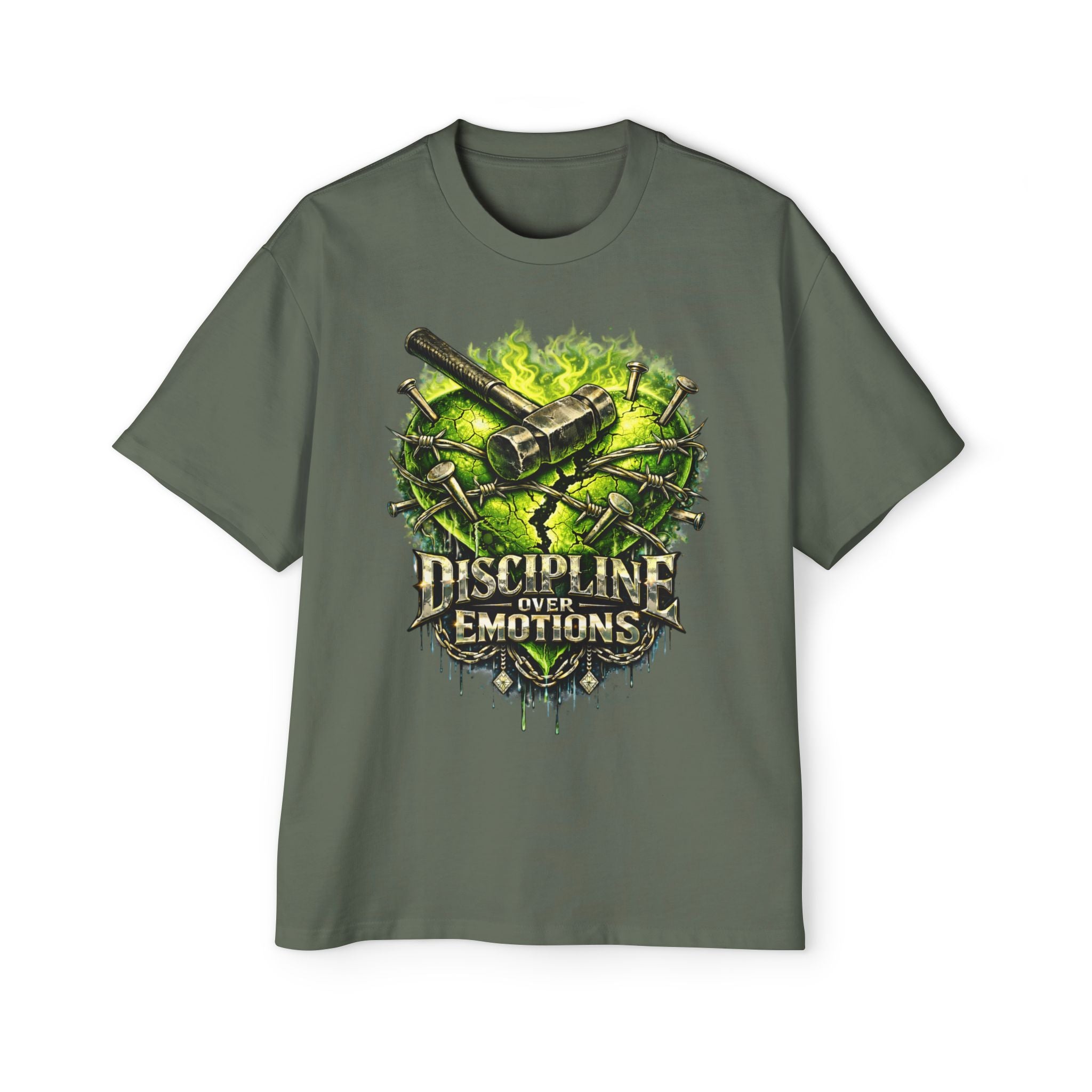 Oversized Discipline Over Emotions Graphic Tee (Green Heart) Printify
