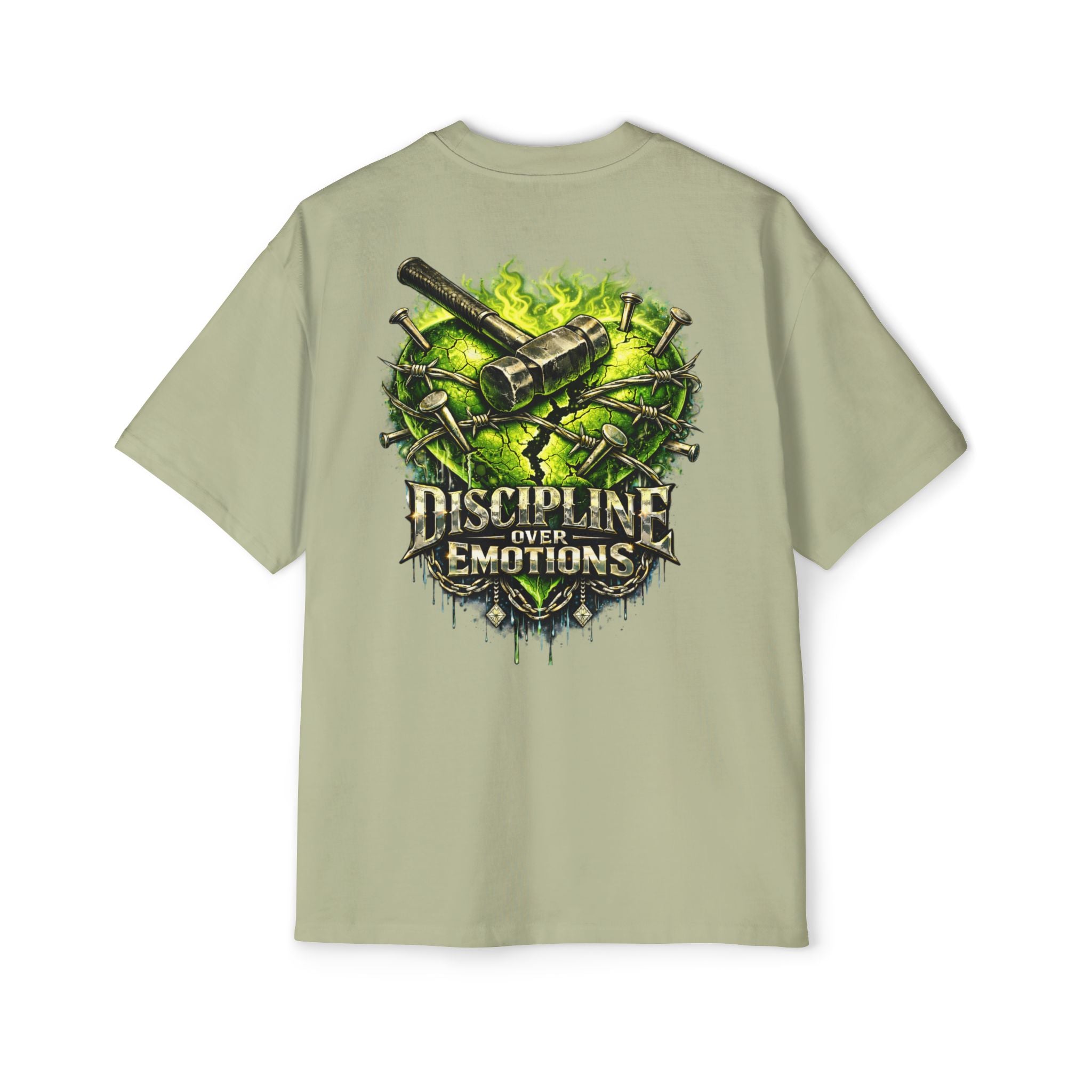 Adult *Oversized* Discipline Over Emotions (Back) Graphic Tee (Lime Green Heart) Printify