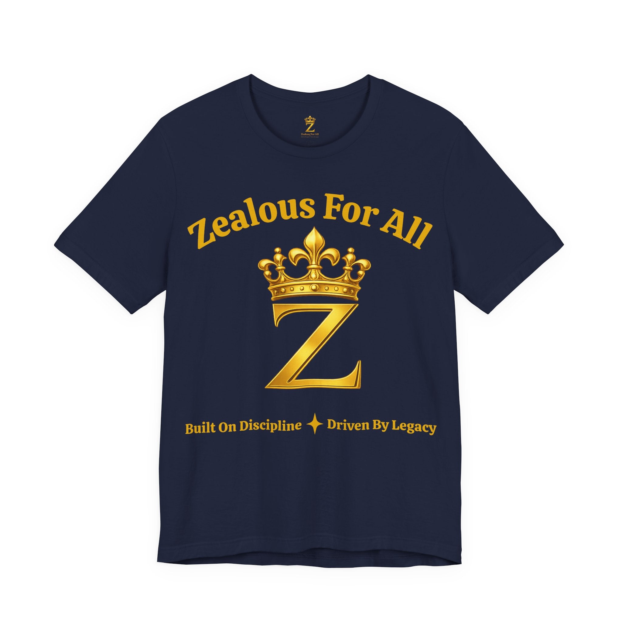 Unisex Luxury Zealous For All T-Shirt (Gold/Black Words, Big Logo T-shirt) Printify