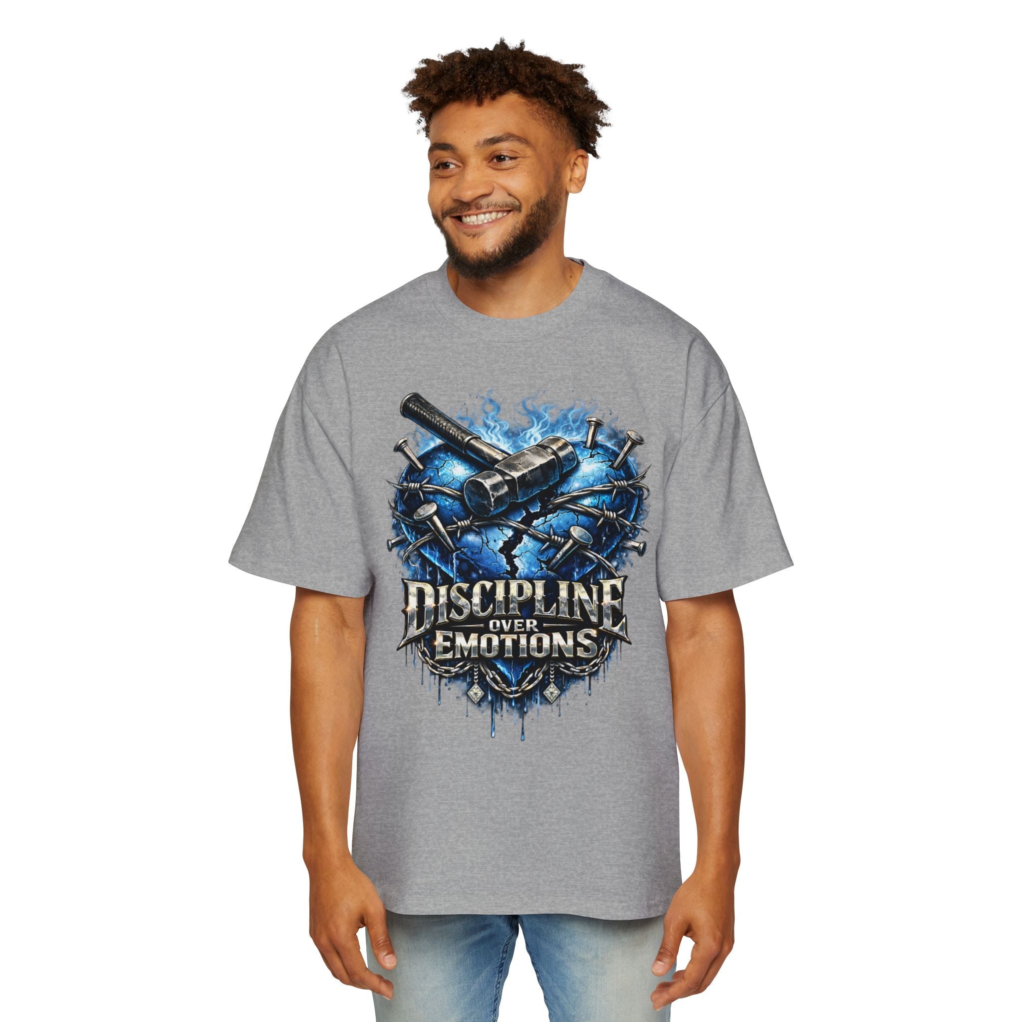 Oversized Discipline Over Emotions Graphic T-Shirt (Blue Heart) Printify