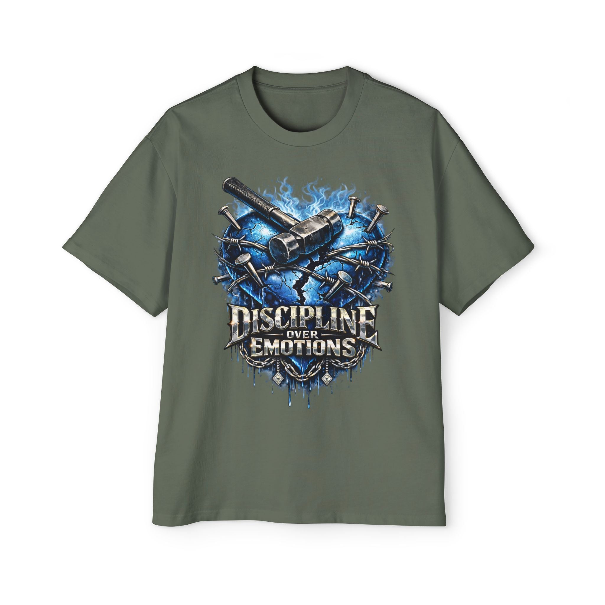 Oversized Discipline Over Emotions Graphic T-Shirt (Blue Heart) Printify