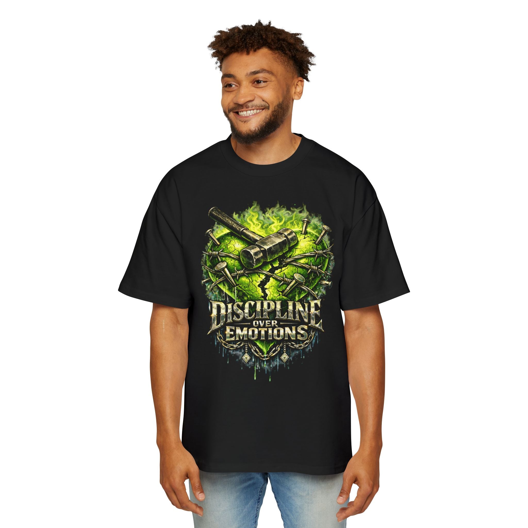 Oversized Discipline Over Emotions Graphic Tee (Green Heart) Printify