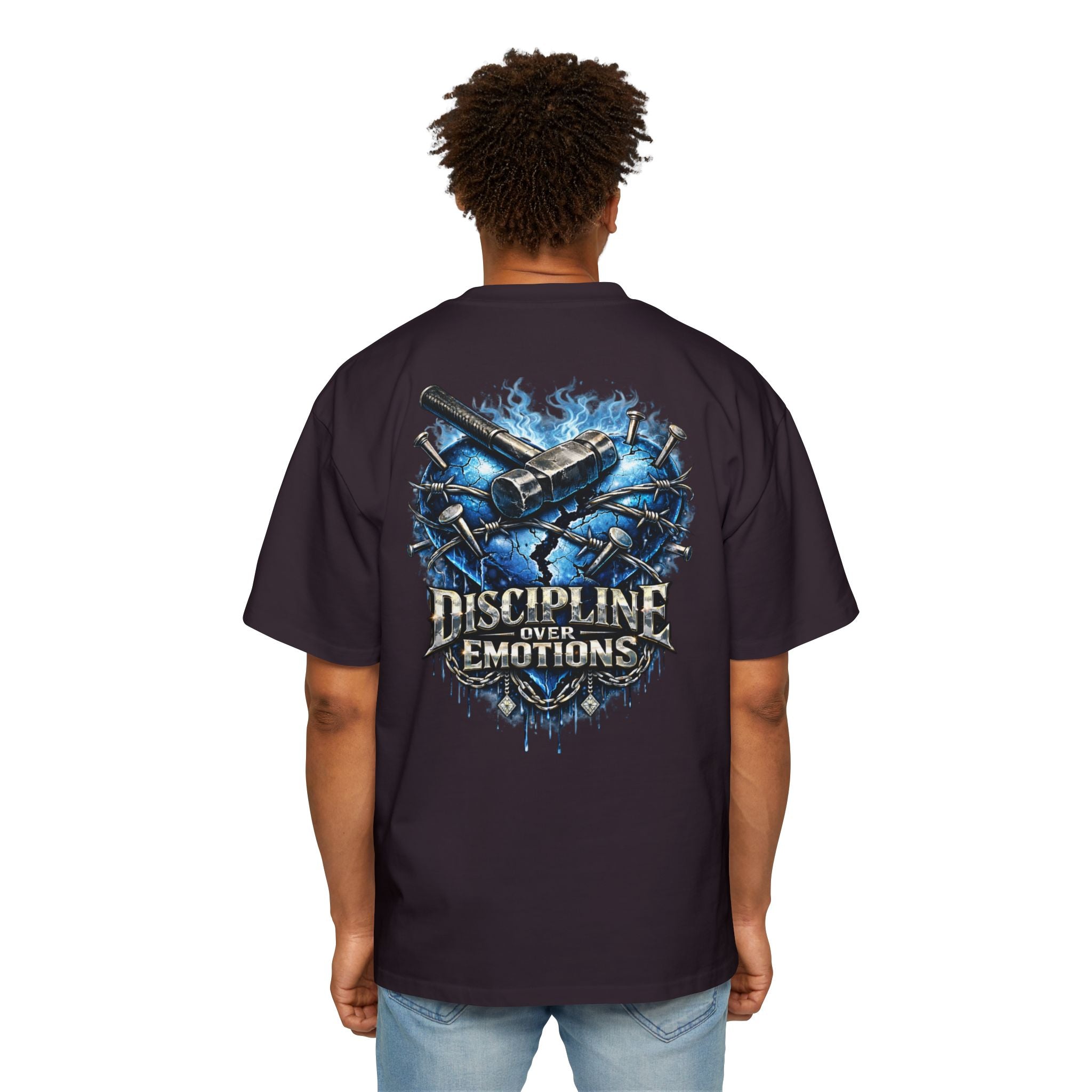 Oversized Discipline Over Emotions (Back) Graphic Tee (Blue Heart) Printify