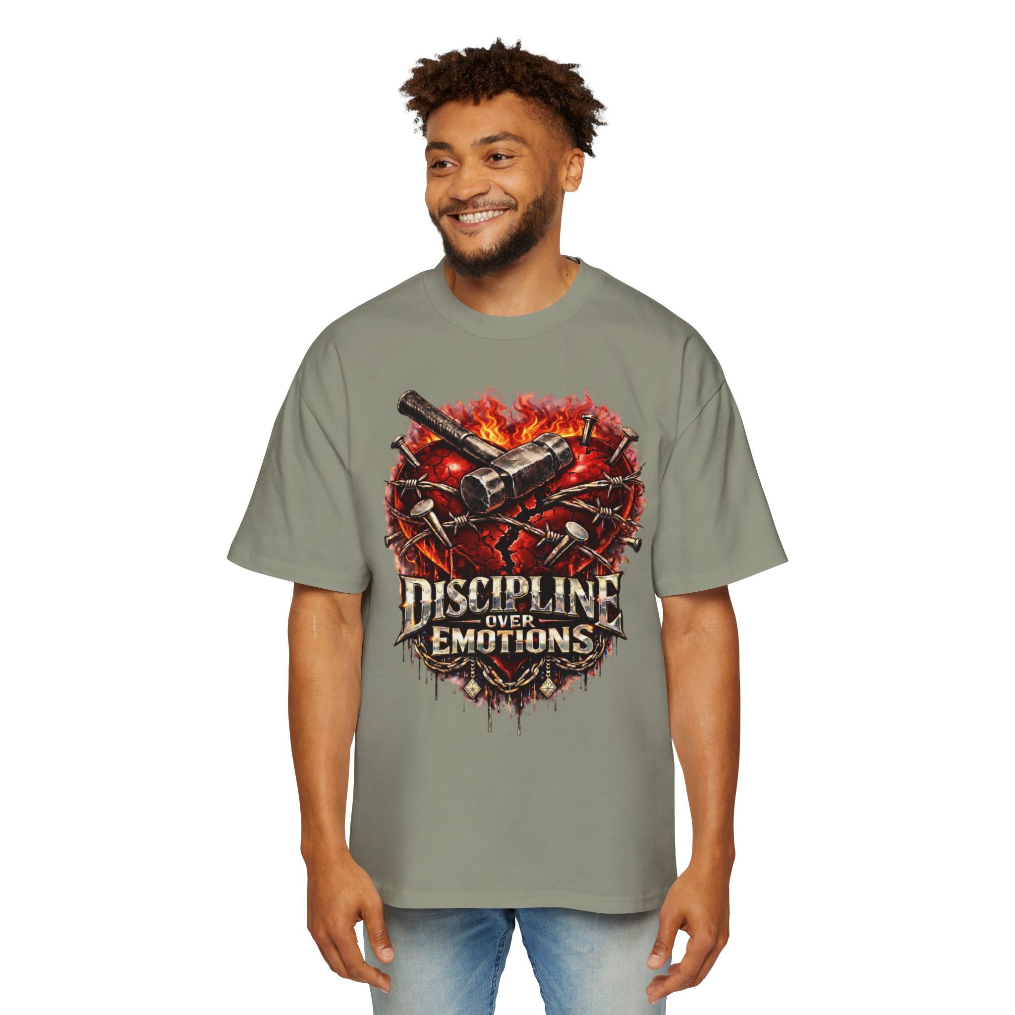 Oversized Discipline Over Emotions Graphic Tee (Front Red Heart) Printify