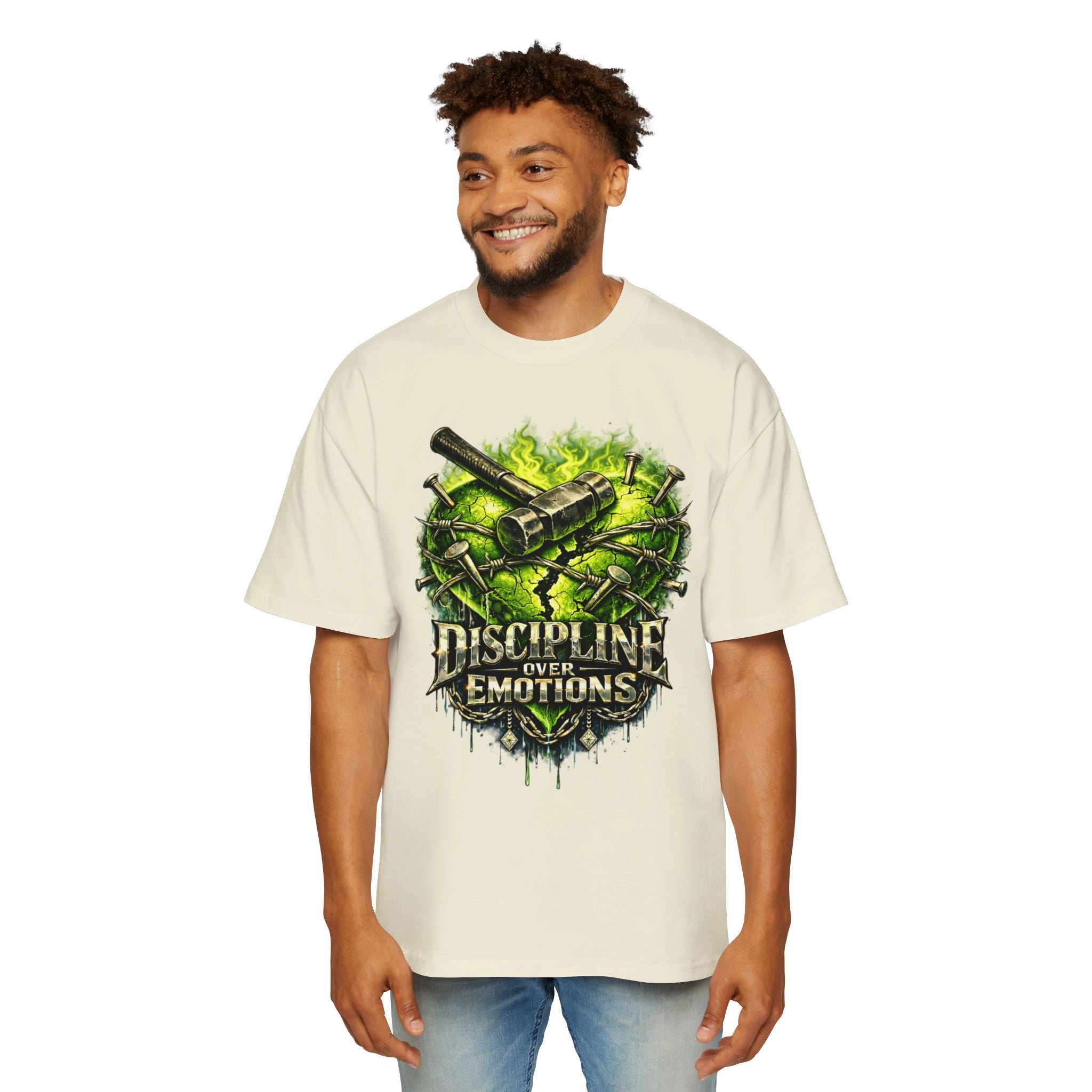 Oversized Discipline Over Emotions Graphic Tee (Green Heart) Printify