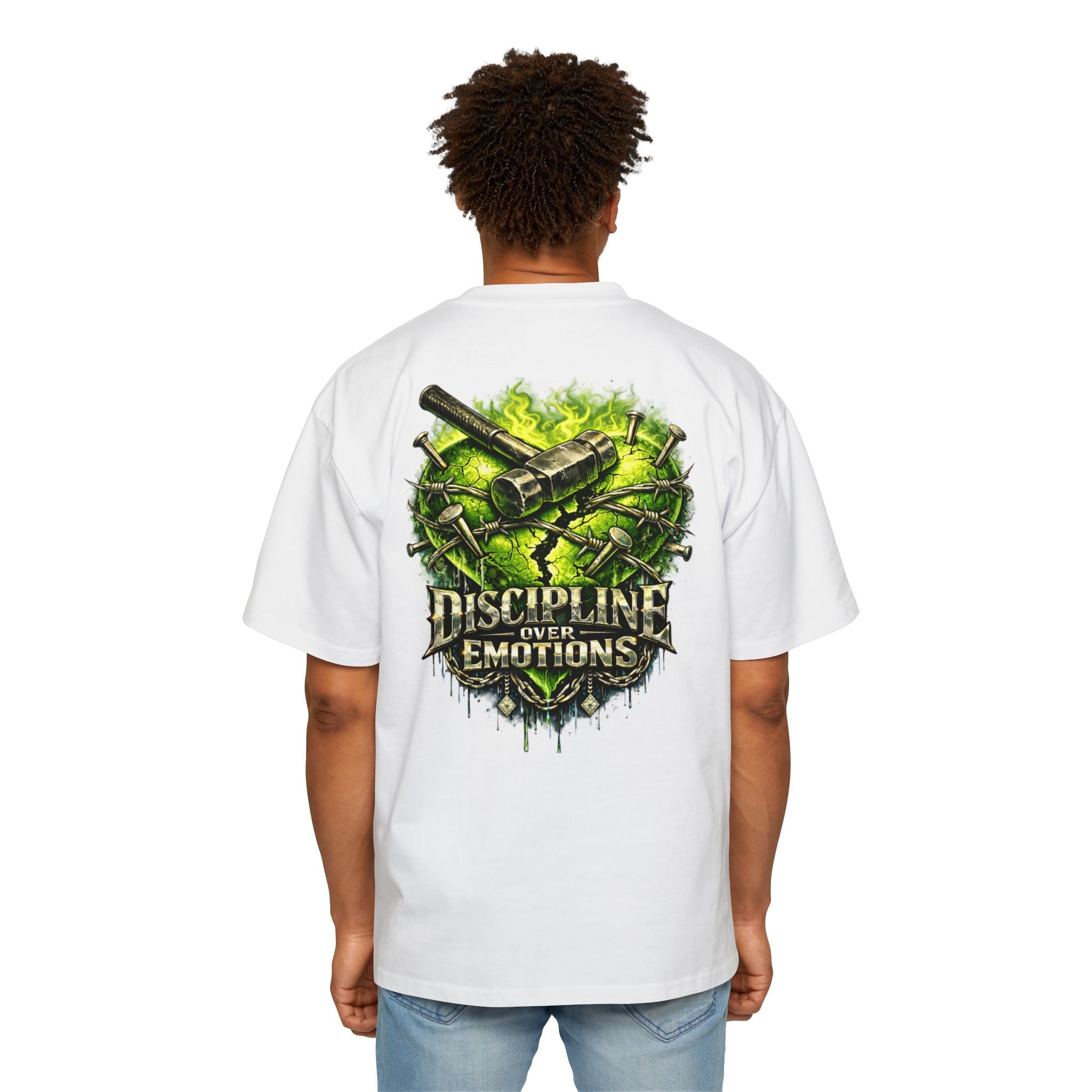 Adult *Oversized* Discipline Over Emotions (Back) Graphic Tee (Lime Green Heart) Printify