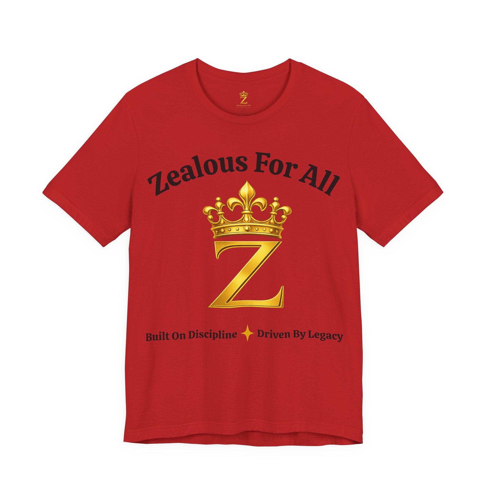 Unisex Luxury Zealous For All T-Shirt (Gold/Black Words, Big Logo T-shirt) Printify