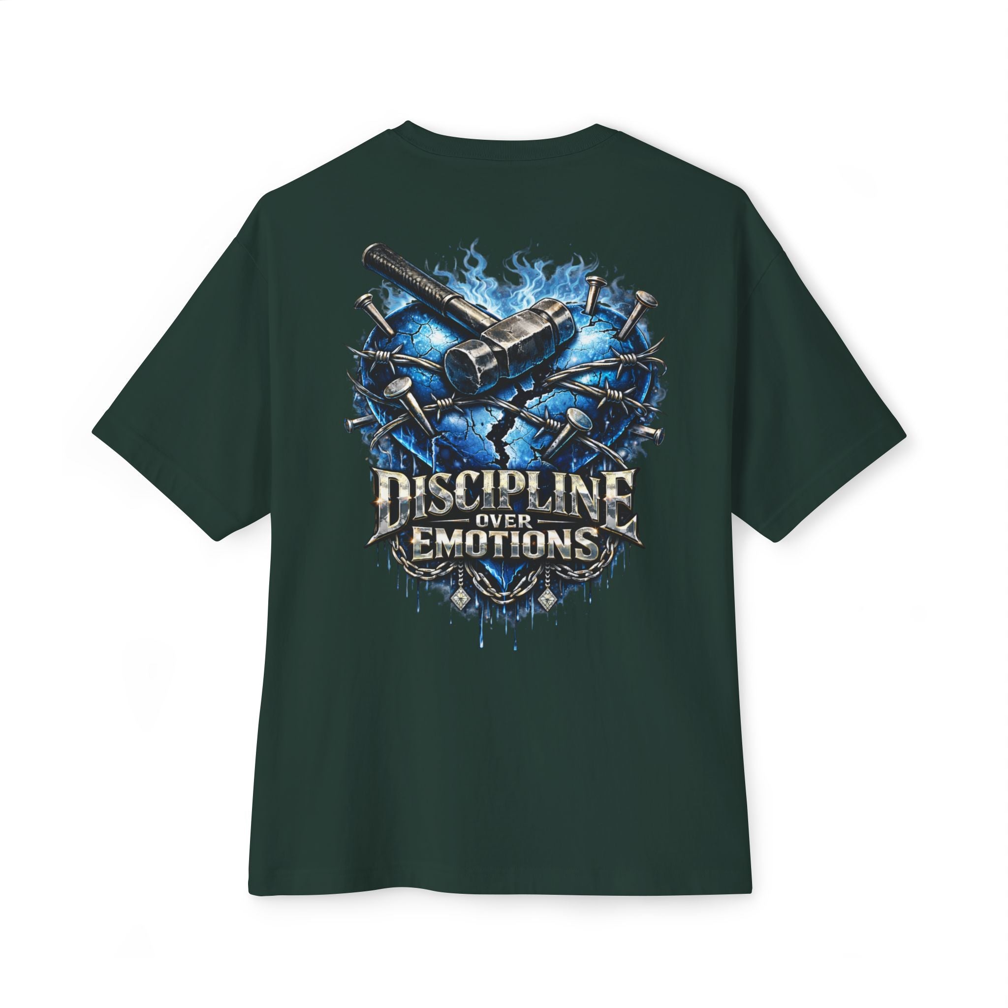 Adult *Oversized* Discipline Over Emotions (Back) Graphic Tee (Blue Heart) Printify