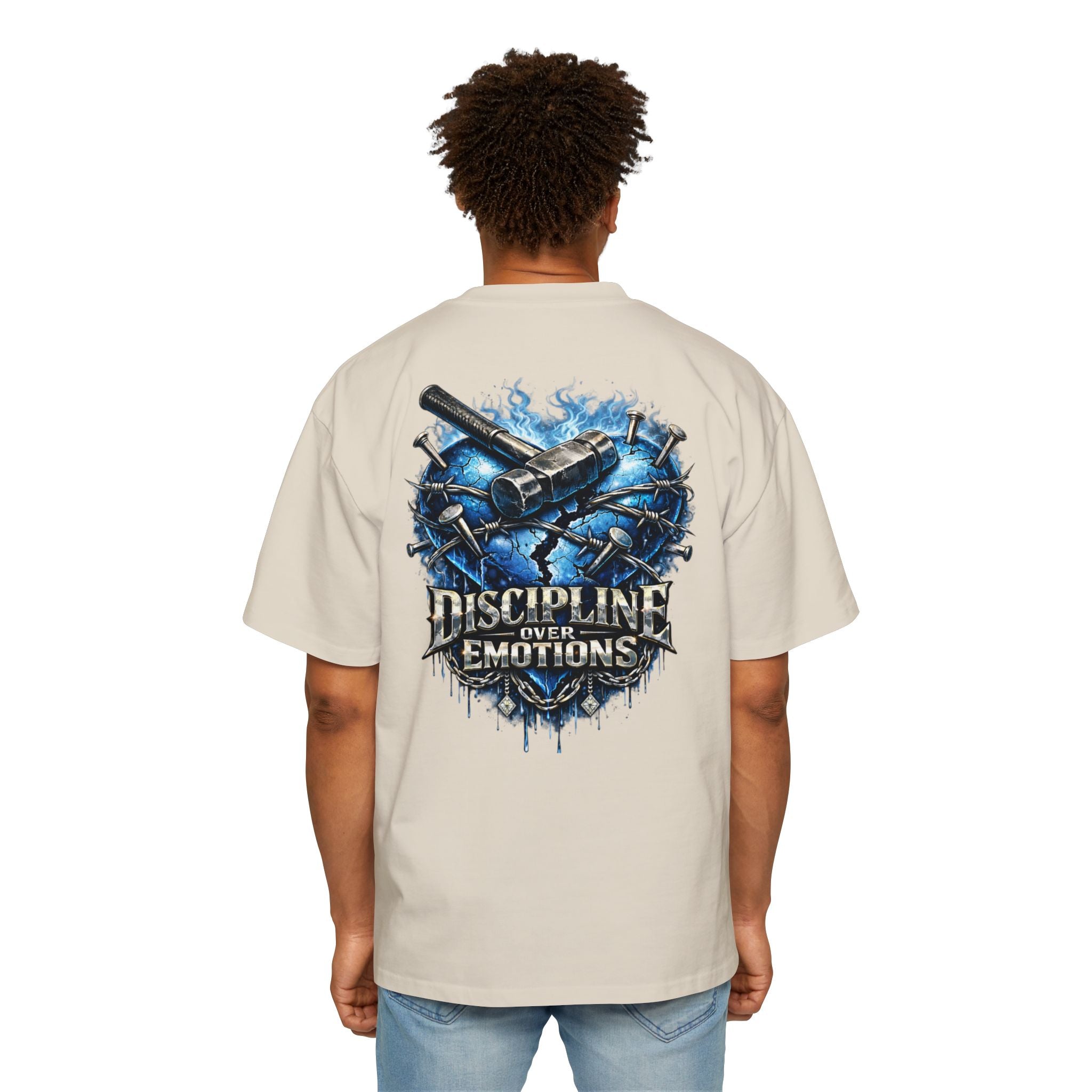 Oversized Discipline Over Emotions (Back) Graphic Tee (Blue Heart) Printify