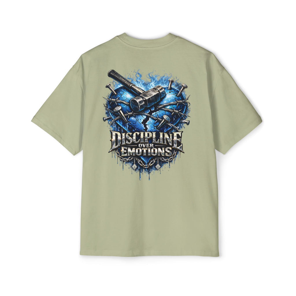 Oversized Discipline Over Emotions (Back) Graphic Tee (Blue Heart) Printify