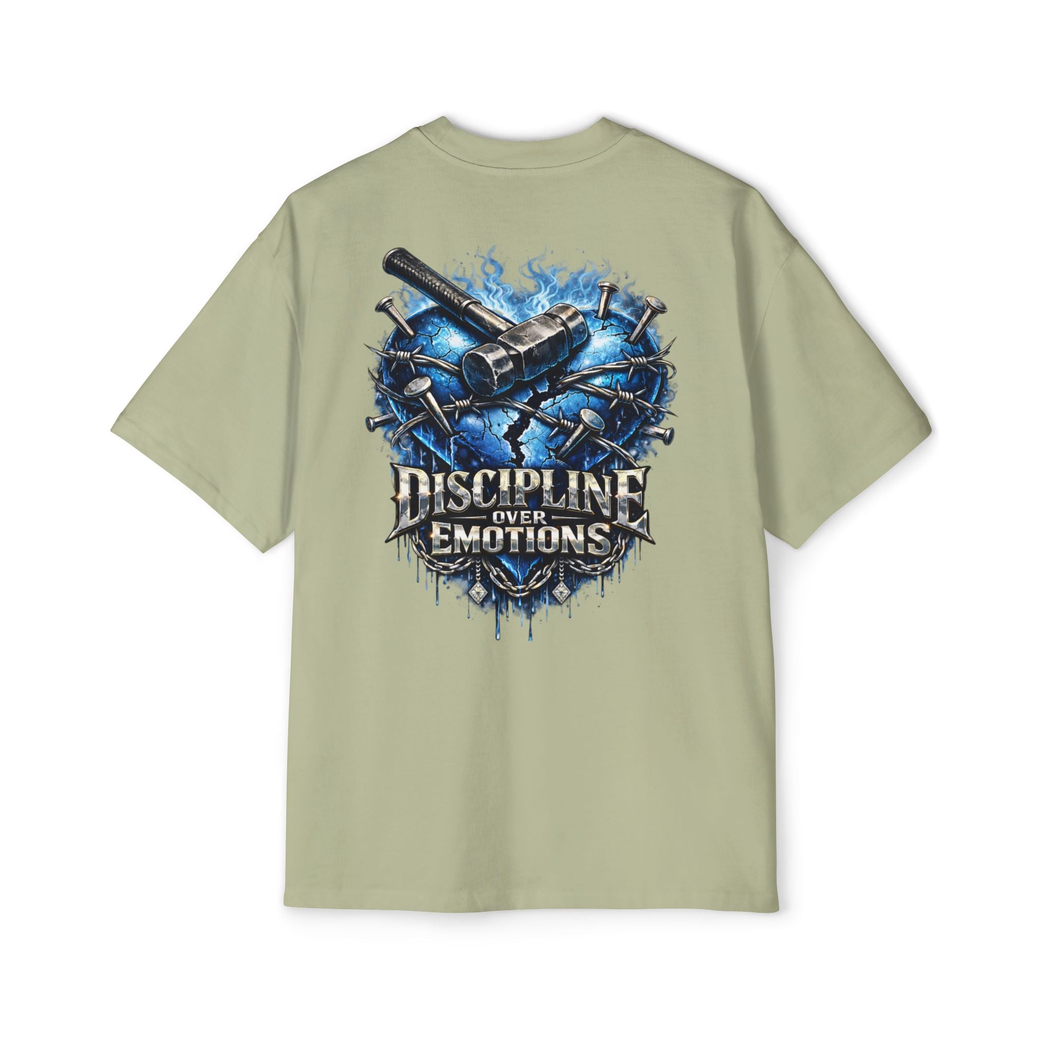 Oversized Discipline Over Emotions (Back) Graphic Tee (Blue Heart) Printify