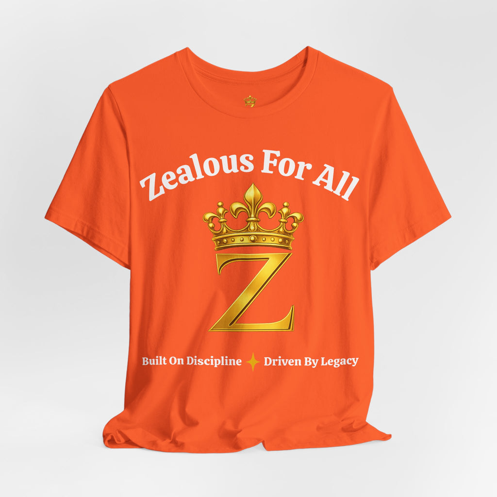 Unisex Luxury Zealous For All T-Shirt (Gold/White Words, Big Logo T-shirt) Printify
