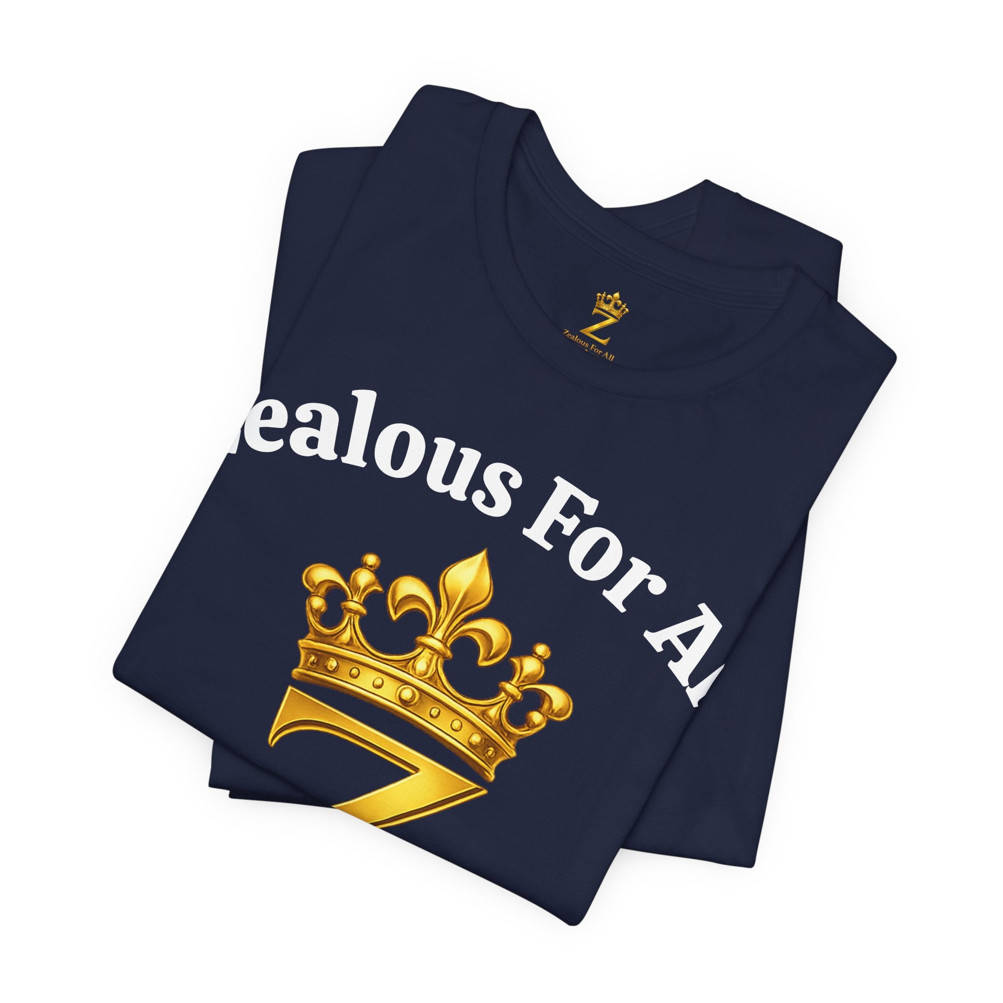 Unisex Luxury Zealous For All T-Shirt (Gold/White Words, Big Logo T-shirt) Printify
