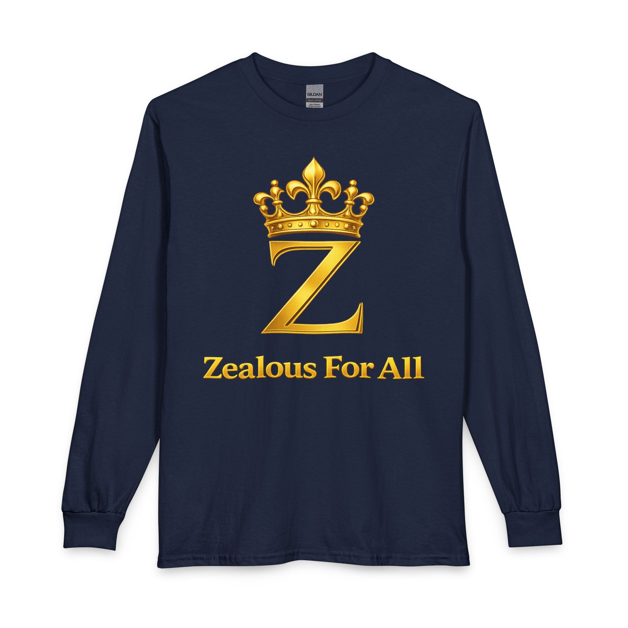 Long Sleeve Shirt — "Zealous For All" Gold Crown Logo, Printify