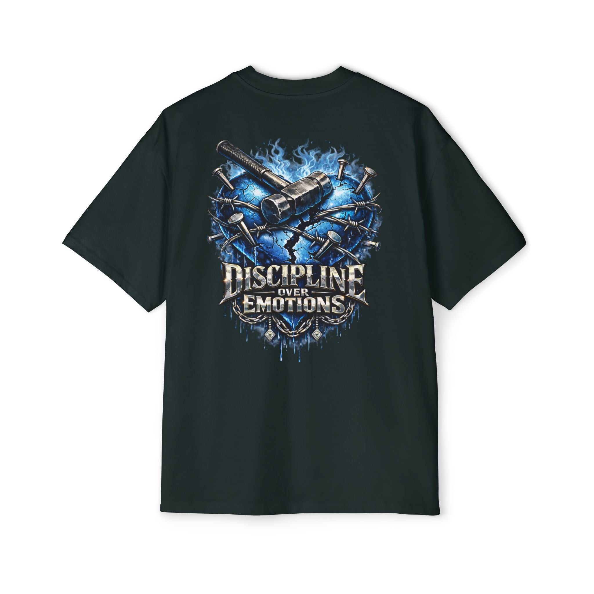 Oversized Discipline Over Emotions (Back) Graphic Tee (Blue Heart) Printify