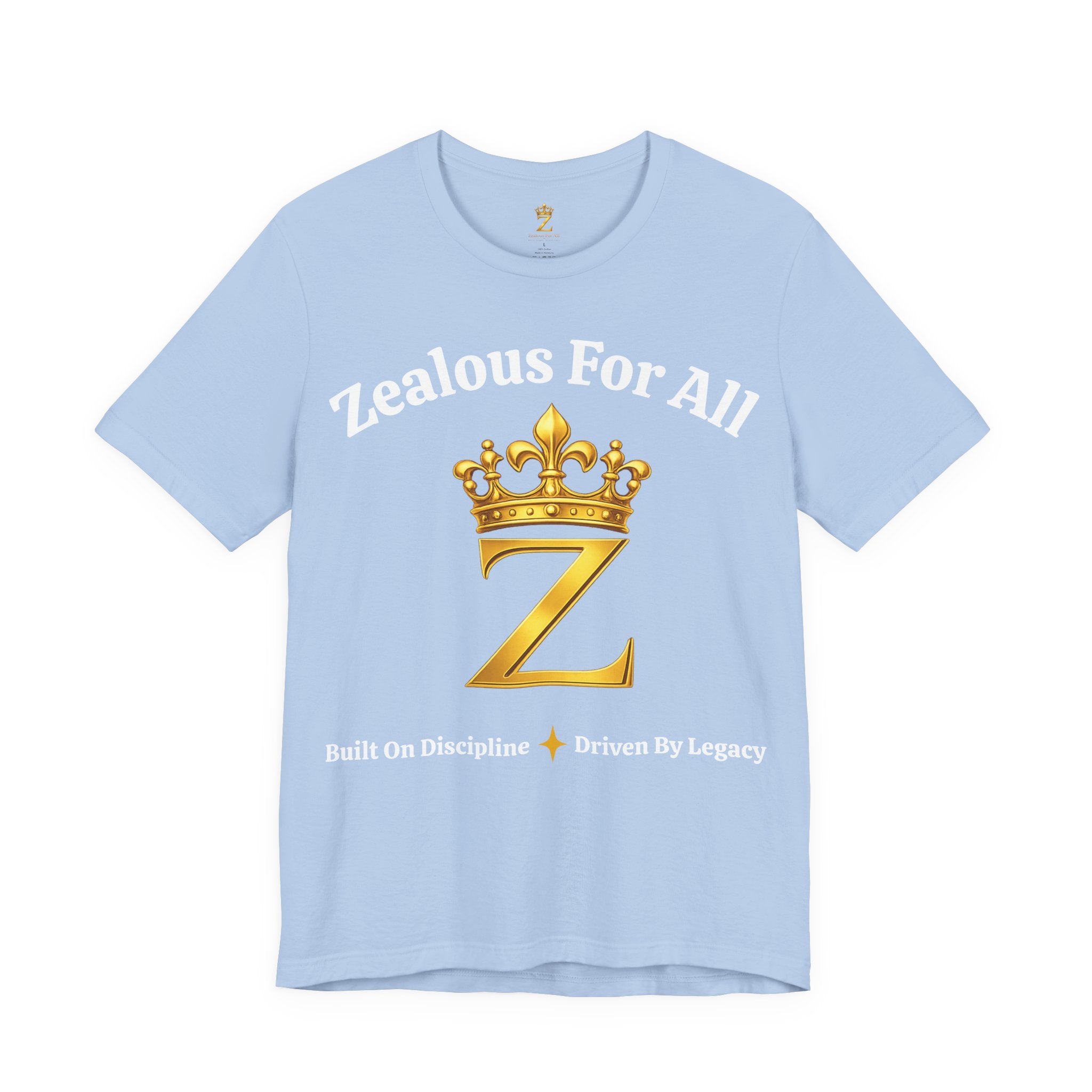 Unisex Luxury Zealous For All T-Shirt (Gold/White Words, Big Logo T-shirt) Printify