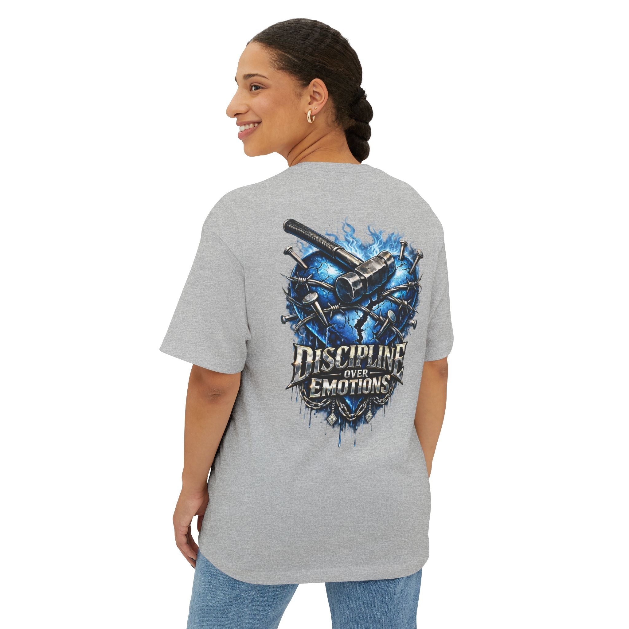 Adult *Oversized* Discipline Over Emotions (Back) Graphic Tee (Blue Heart) Printify