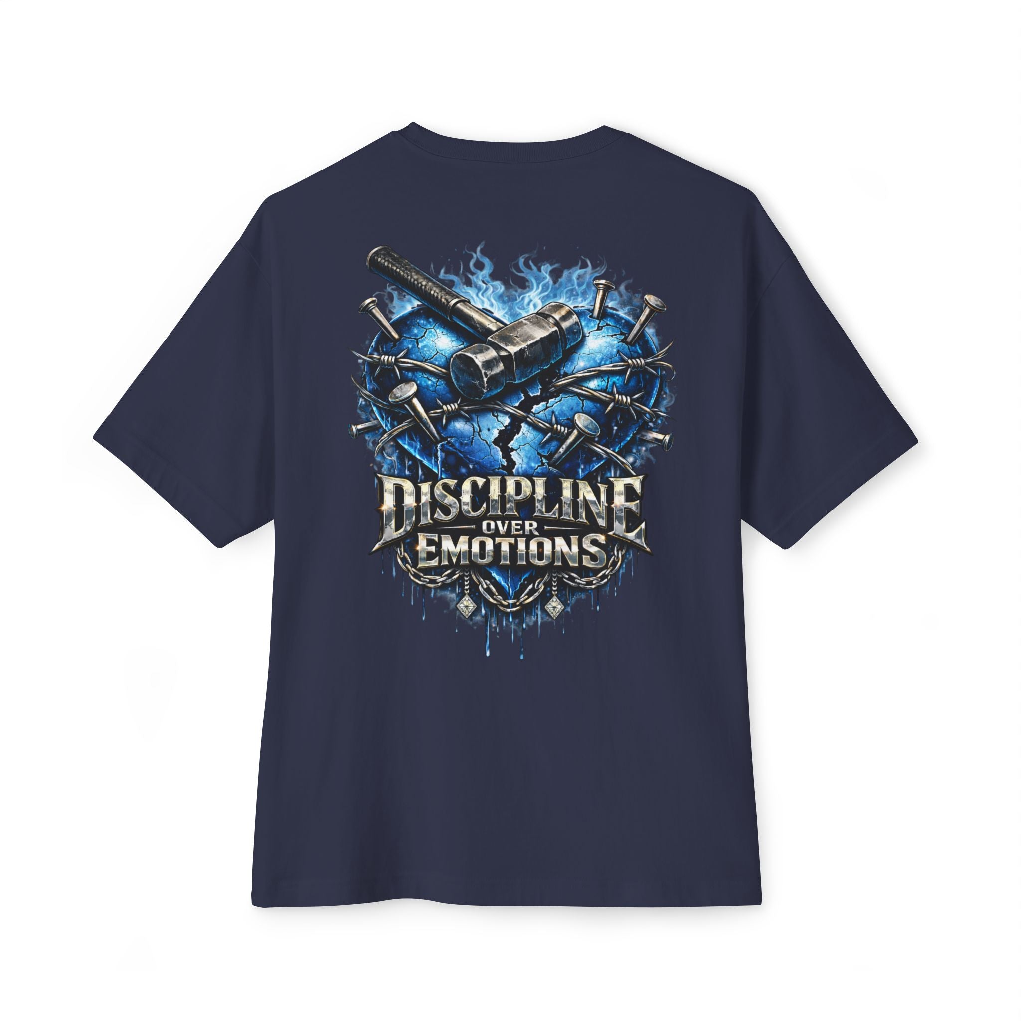 Adult *Oversized* Discipline Over Emotions (Back) Graphic Tee (Blue Heart) Printify