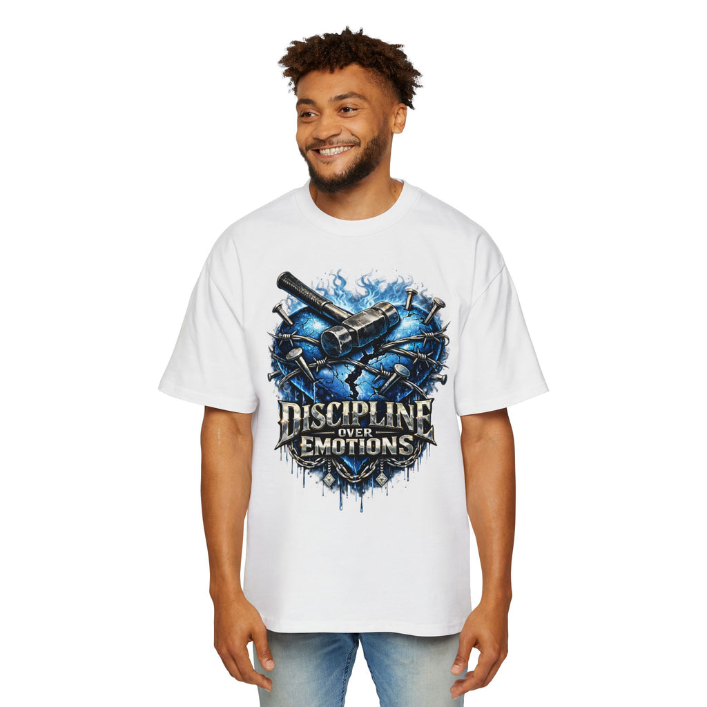 Oversized Discipline Over Emotions Graphic T-Shirt (Blue Heart) Printify