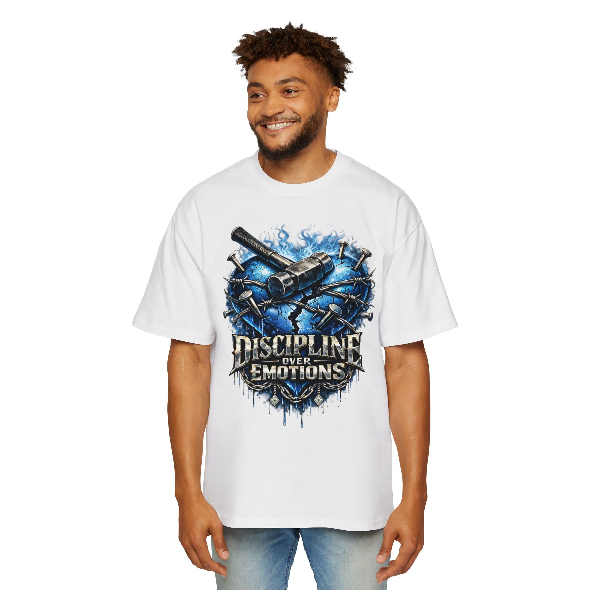 Oversized Discipline Over Emotions Graphic T-Shirt (Blue Heart) Printify