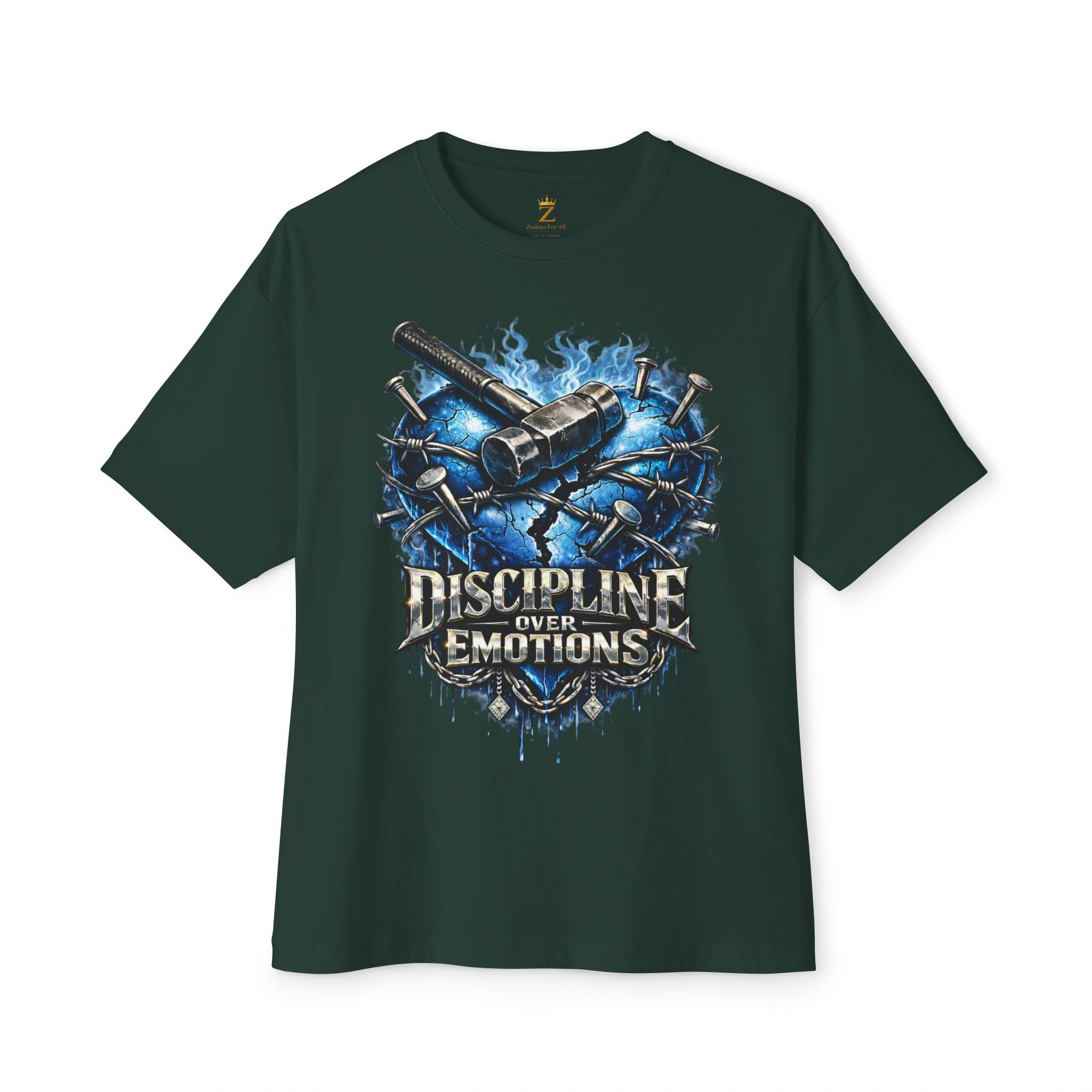 Adult *Oversized* Discipline Over Emotions Graphic T-Shirt (Blue Heart) - Zealous For All