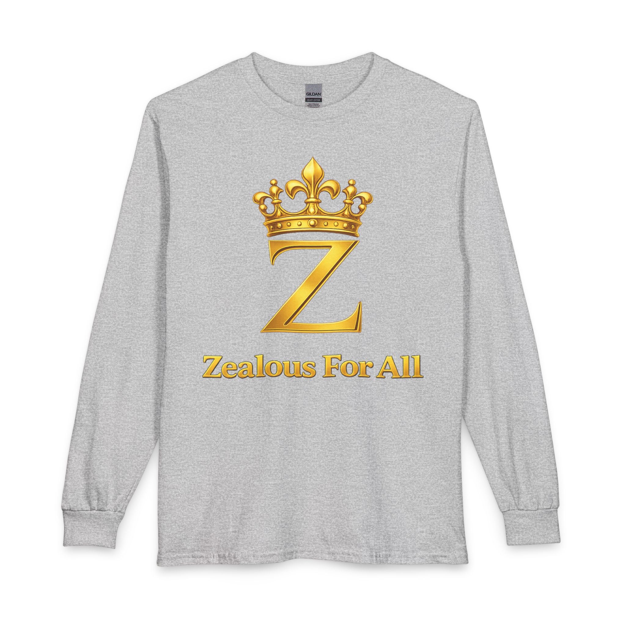 Long Sleeve Shirt — "Zealous For All" Gold Crown Logo, Printify