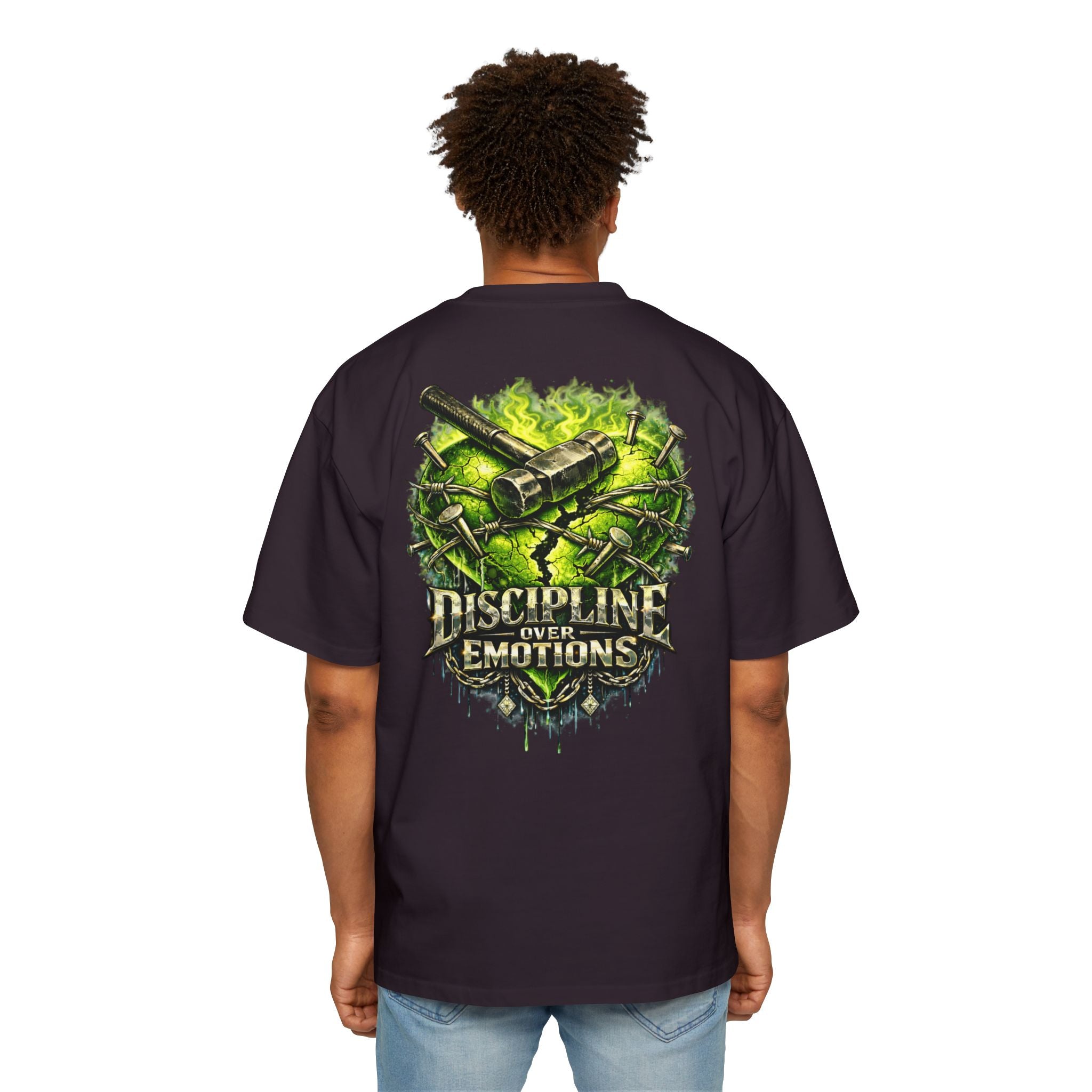 Adult *Oversized* Discipline Over Emotions (Back) Graphic Tee (Lime Green Heart) Printify