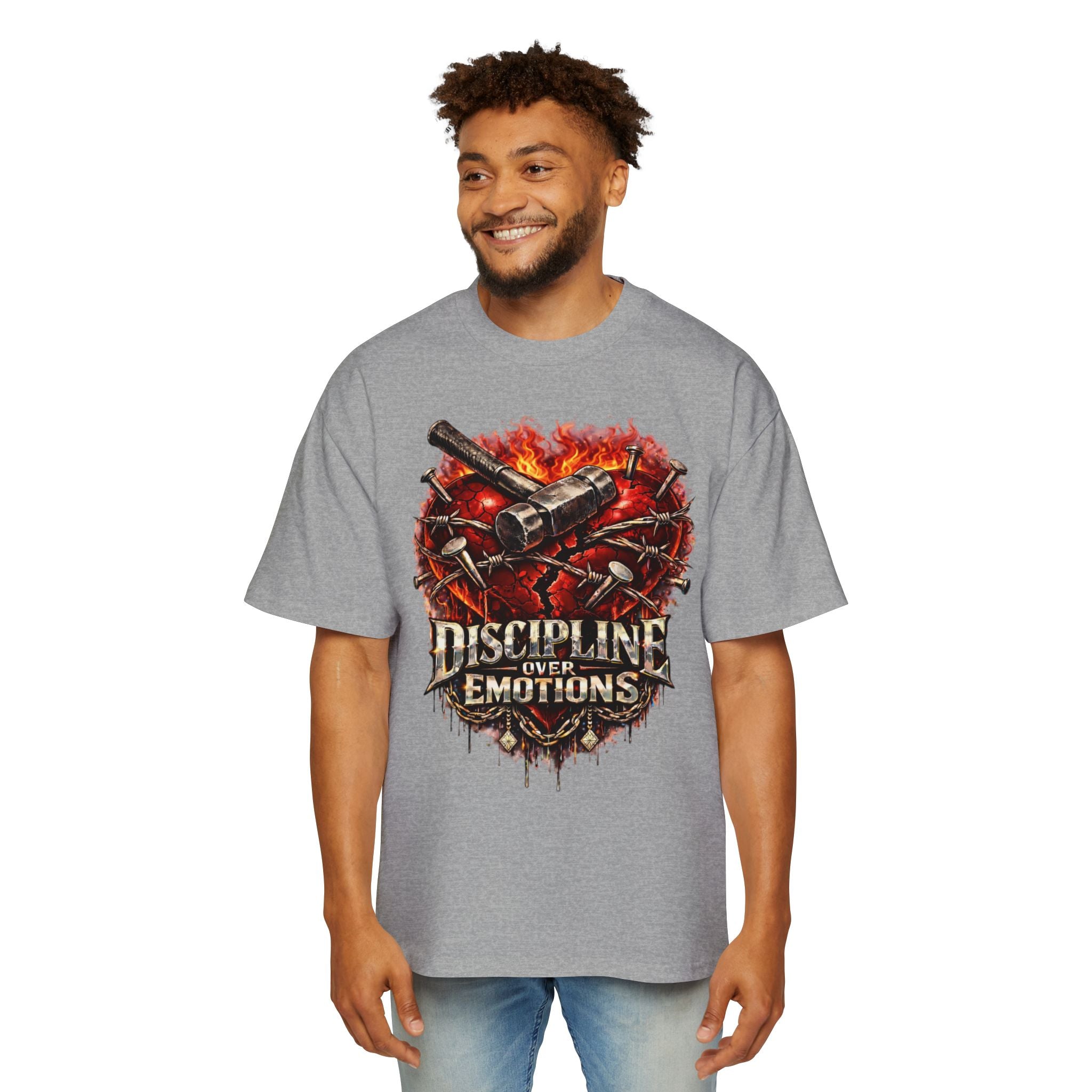 Oversized Discipline Over Emotions Graphic Tee (Front Red Heart) Printify