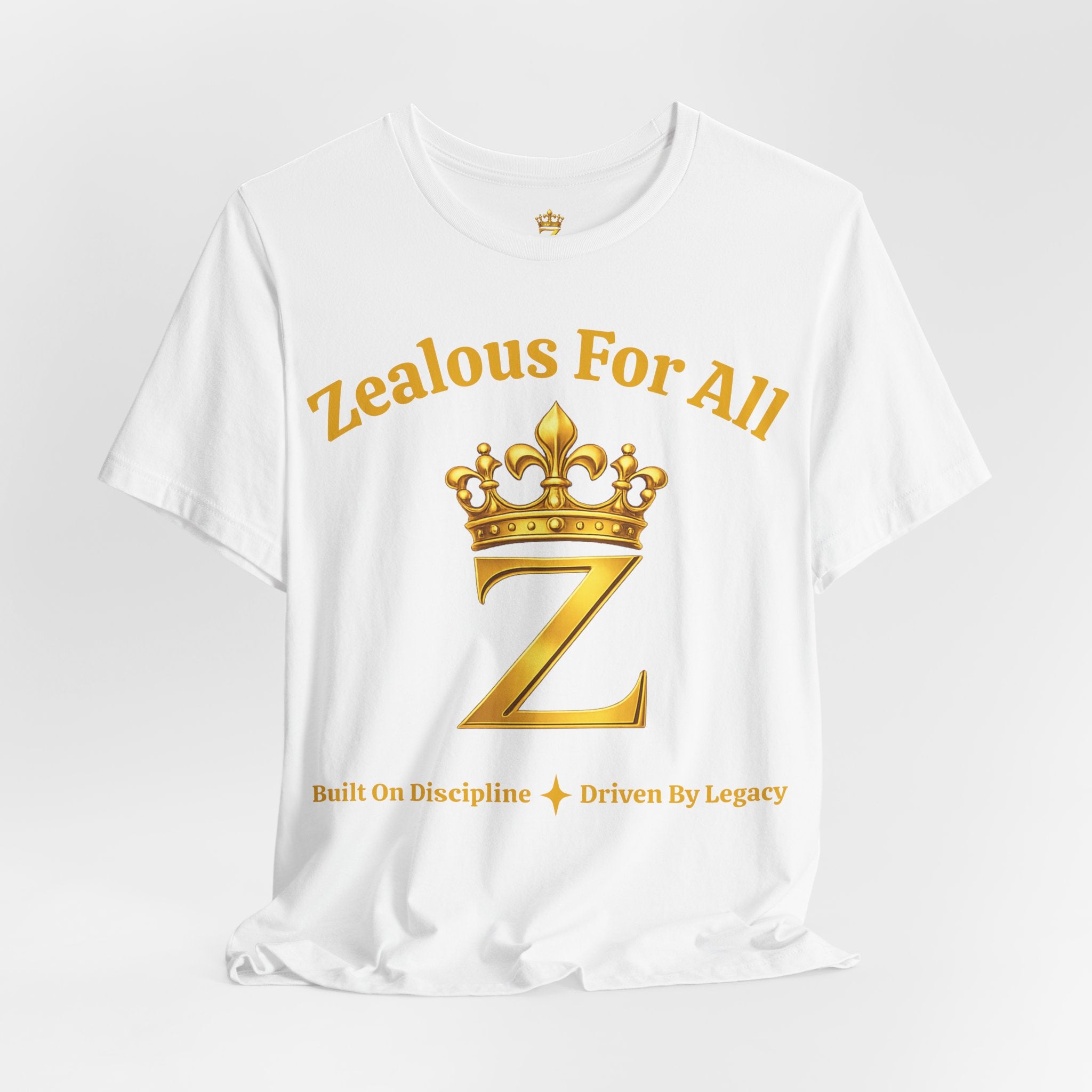 Unisex Luxury Zealous For All T-Shirt (Gold/White Words, Big Logo T-shirt) Printify