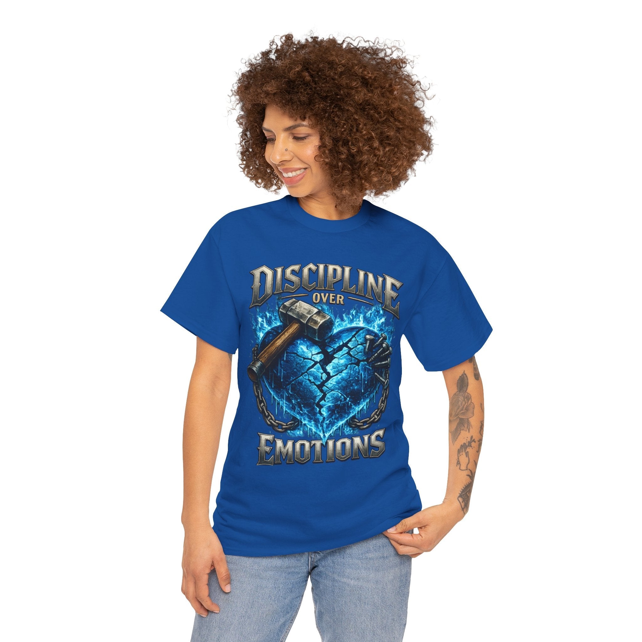 Discipline Over Emotions Graphic T-Shirt (Blue Heart) Printify