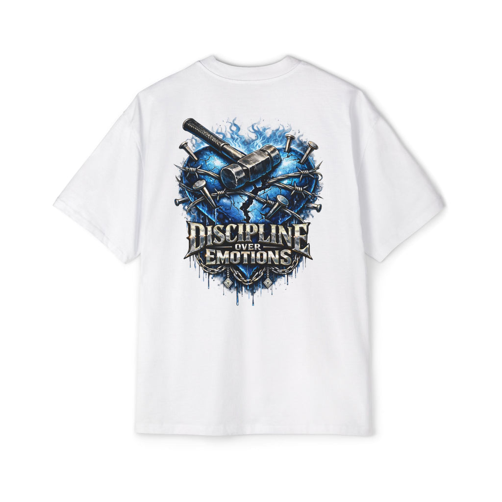 Oversized Discipline Over Emotions (Back) Graphic Tee (Blue Heart) Printify