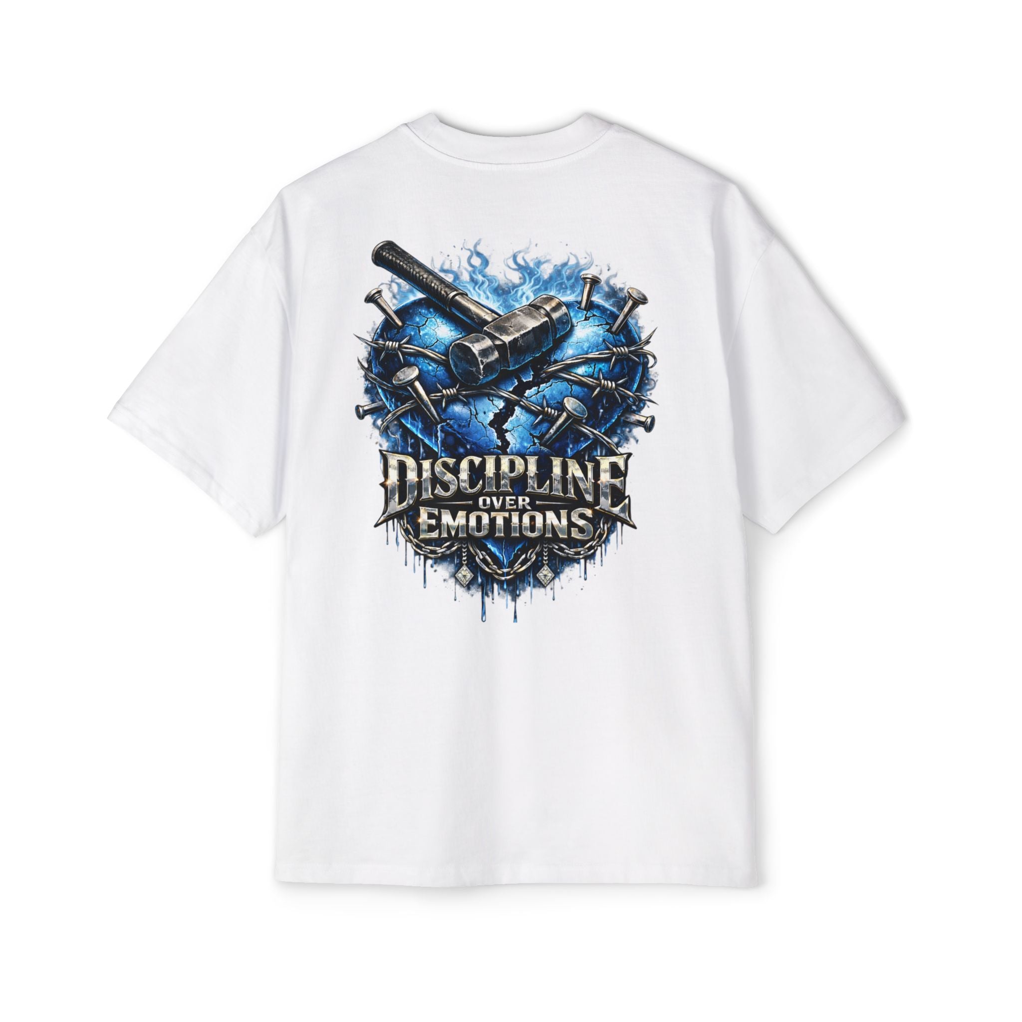 Oversized Discipline Over Emotions (Back) Graphic Tee (Blue Heart) Printify