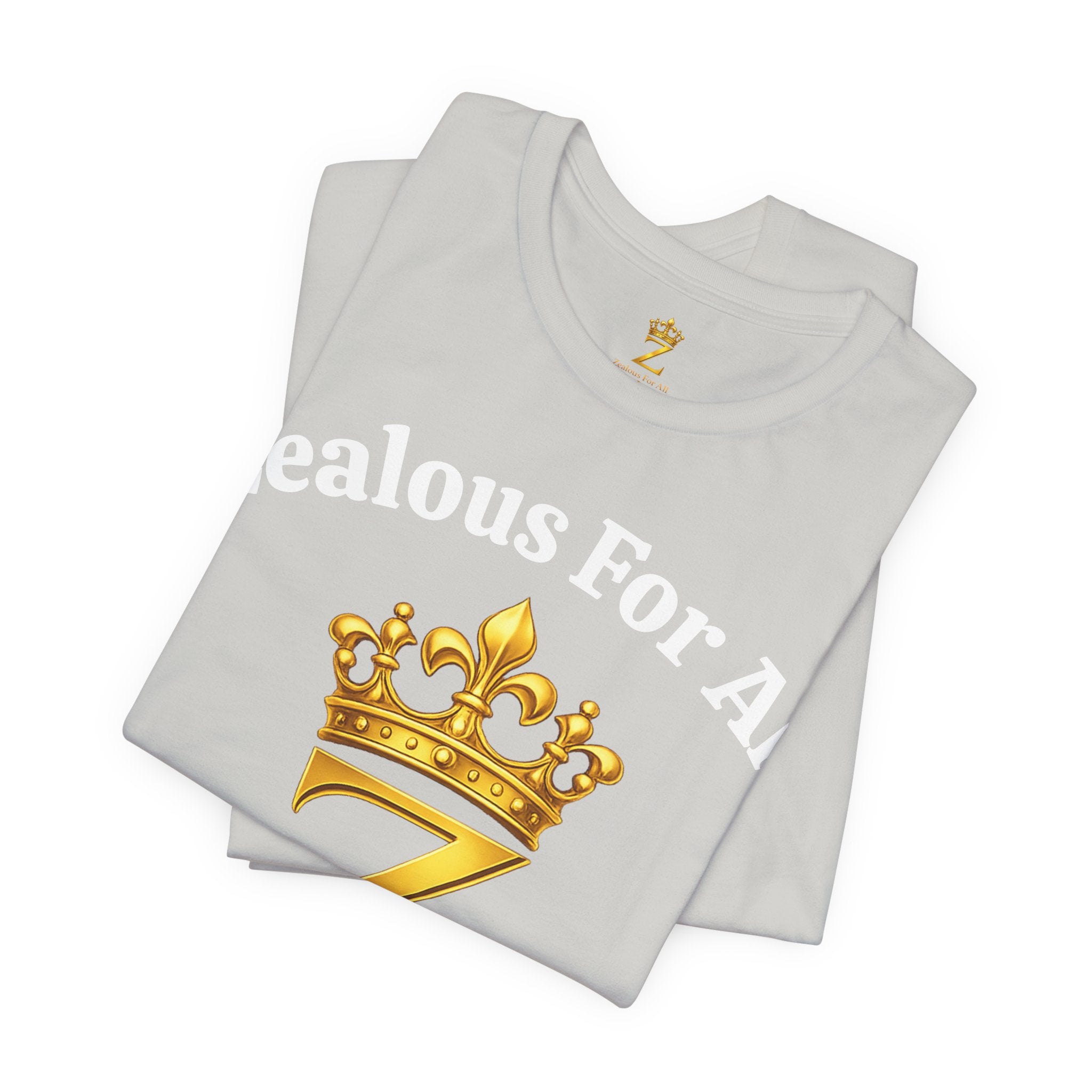 Unisex Luxury Zealous For All T-Shirt (Gold/White Words, Big Logo T-shirt) Printify